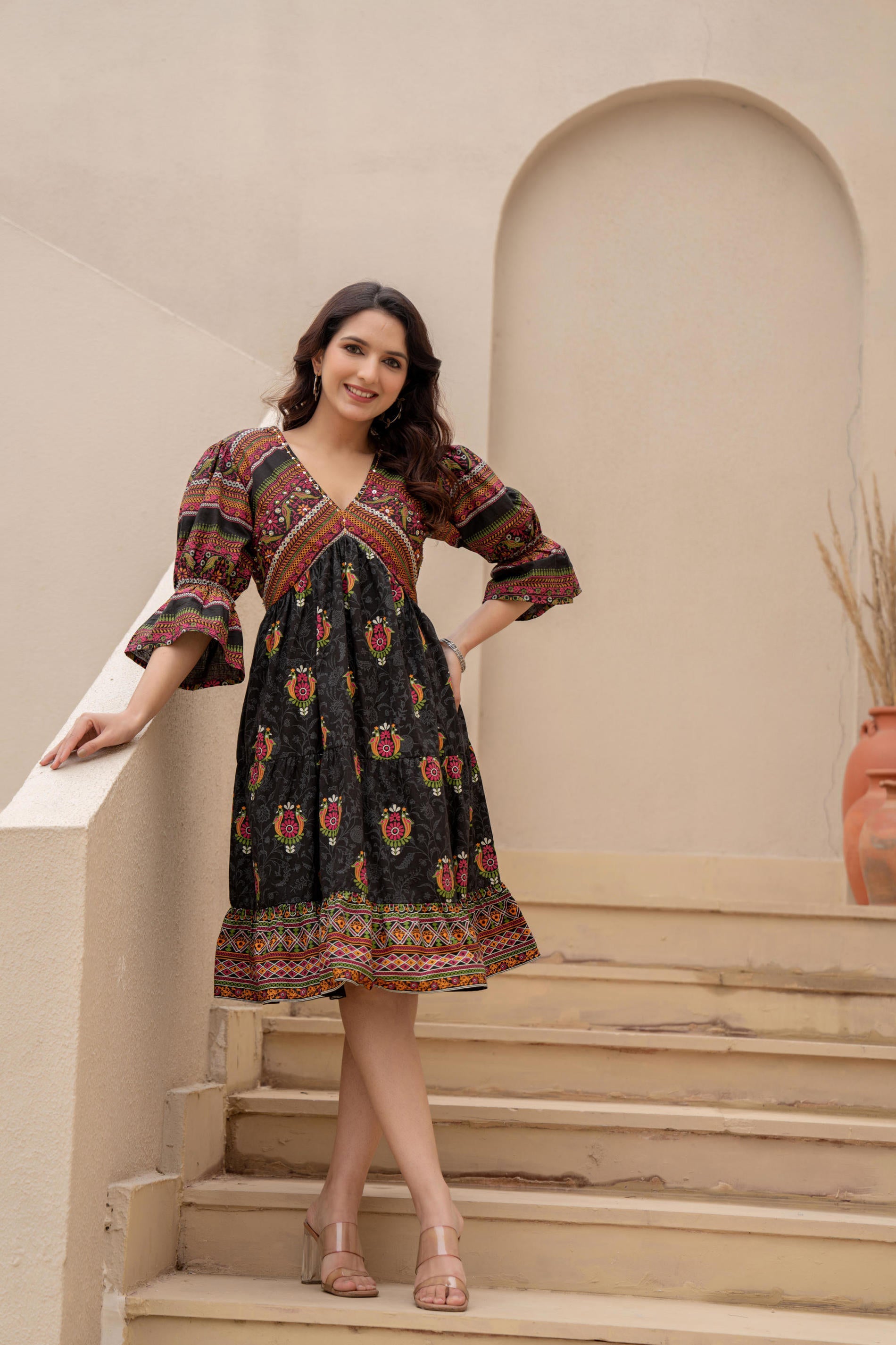 Black Printed Fit & Flare Dress with Tribal Border