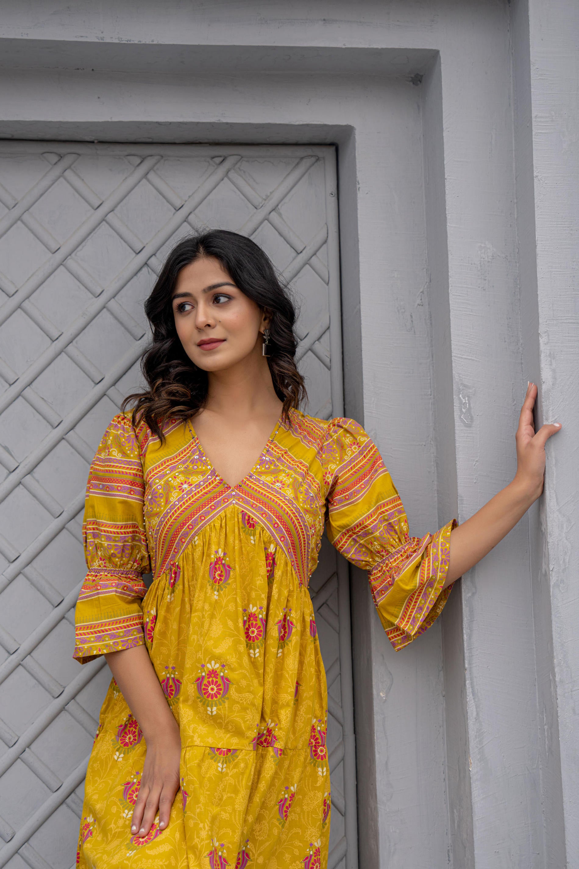 Mustard Printed Fit & Flare Dress with Tribal Border