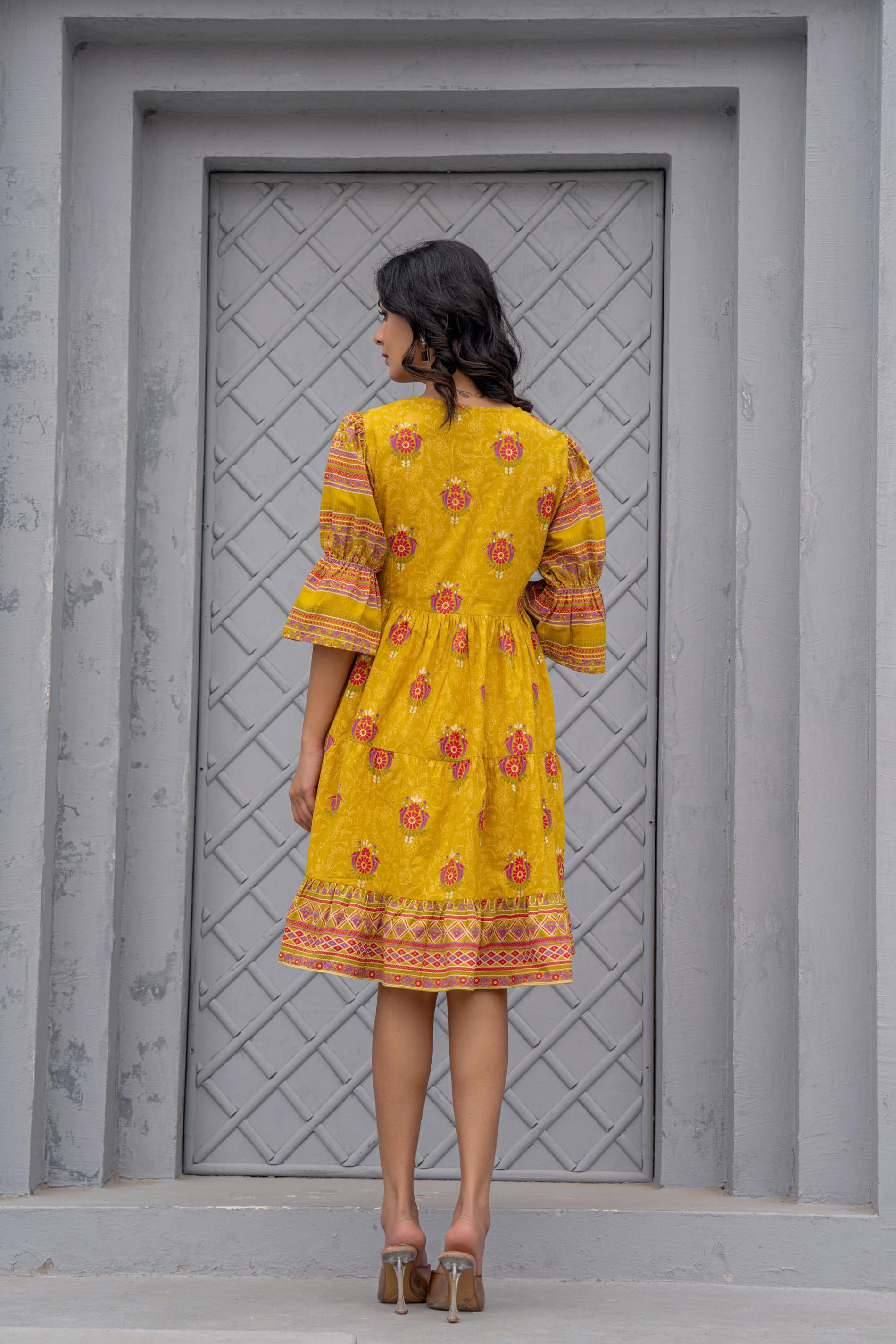 Mustard Printed Fit & Flare Dress with Tribal Border