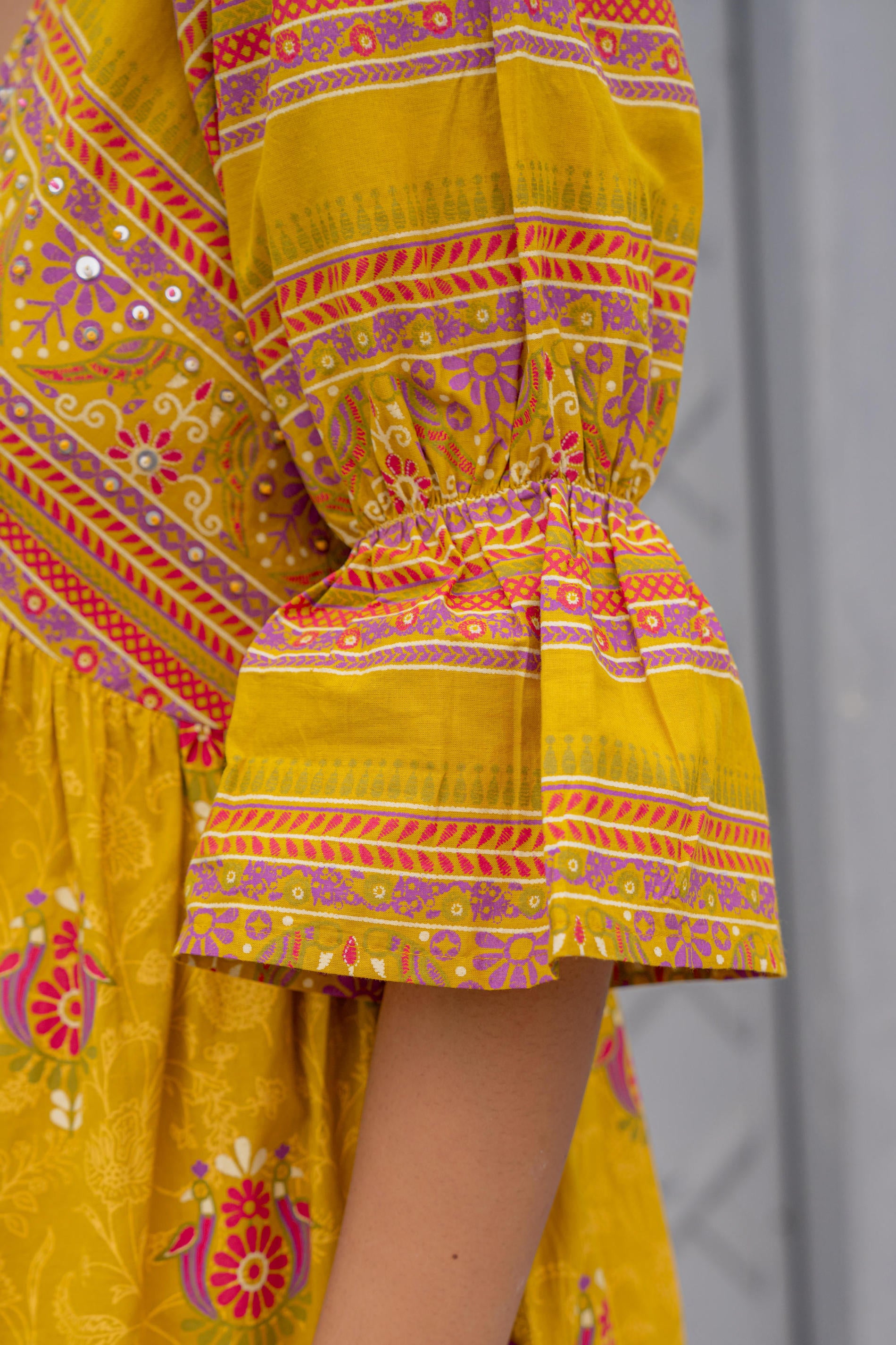 Mustard Printed Fit & Flare Dress with Tribal Border