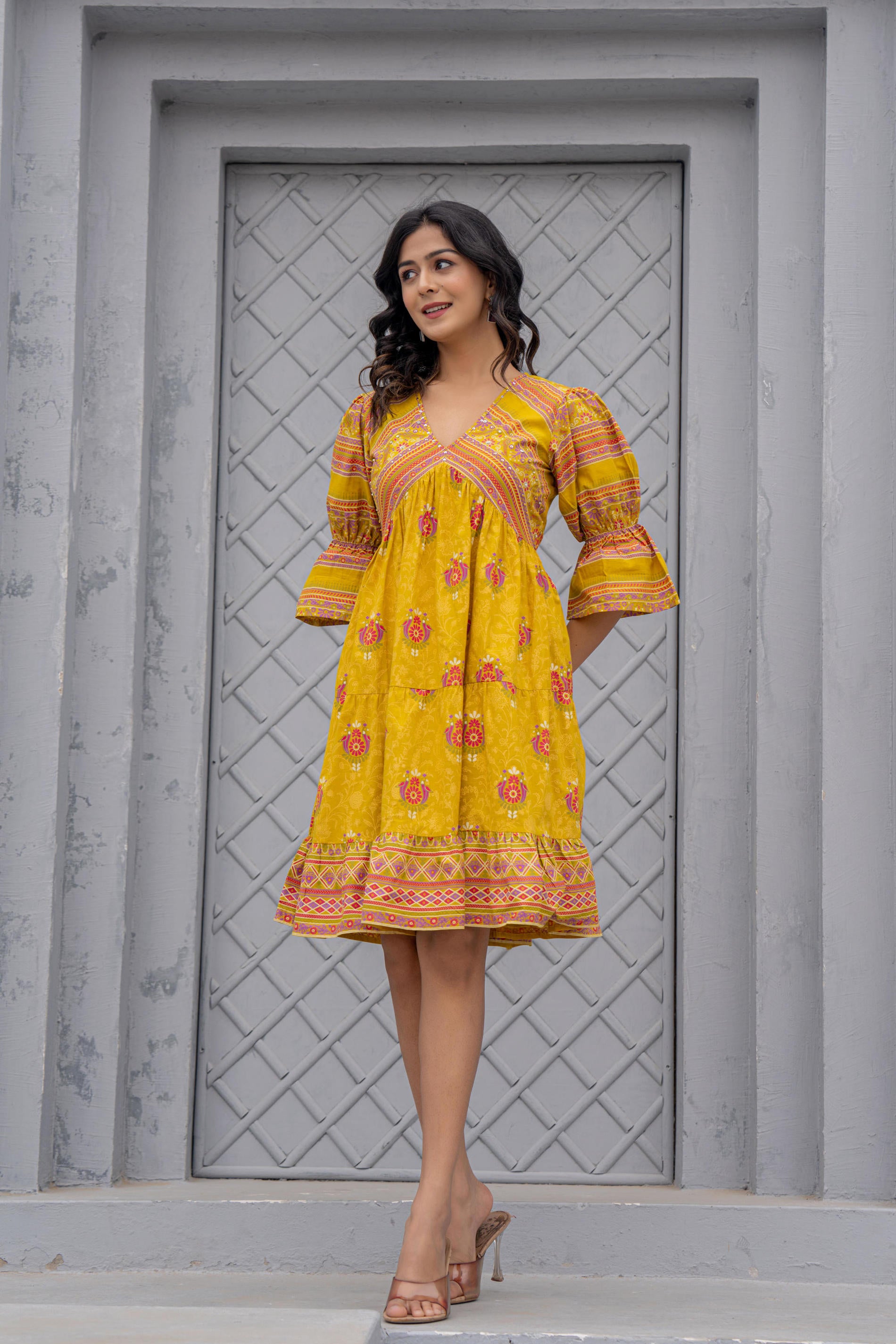 Mustard Printed Fit & Flare Dress with Tribal Border