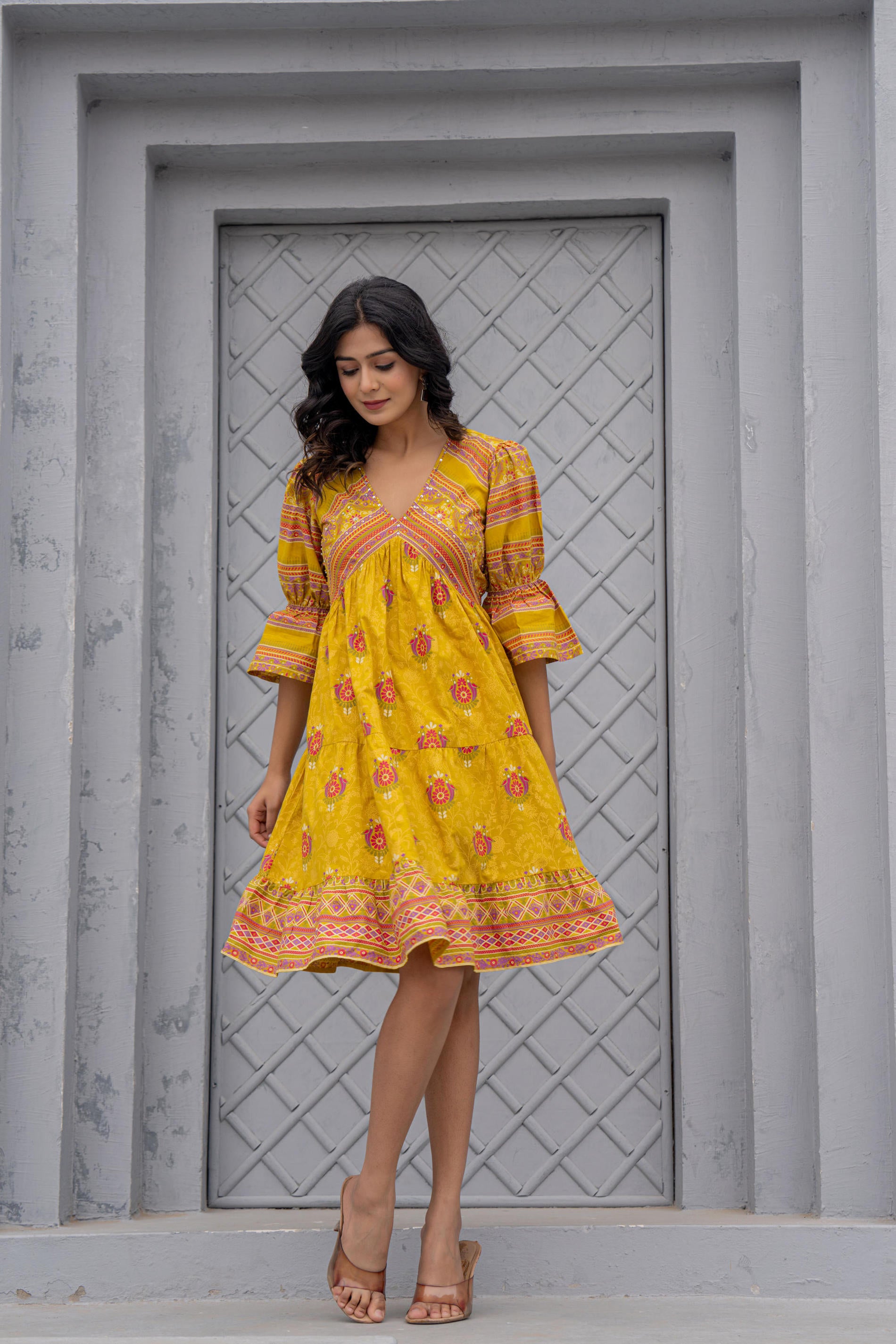 Mustard Printed Fit & Flare Dress with Tribal Border