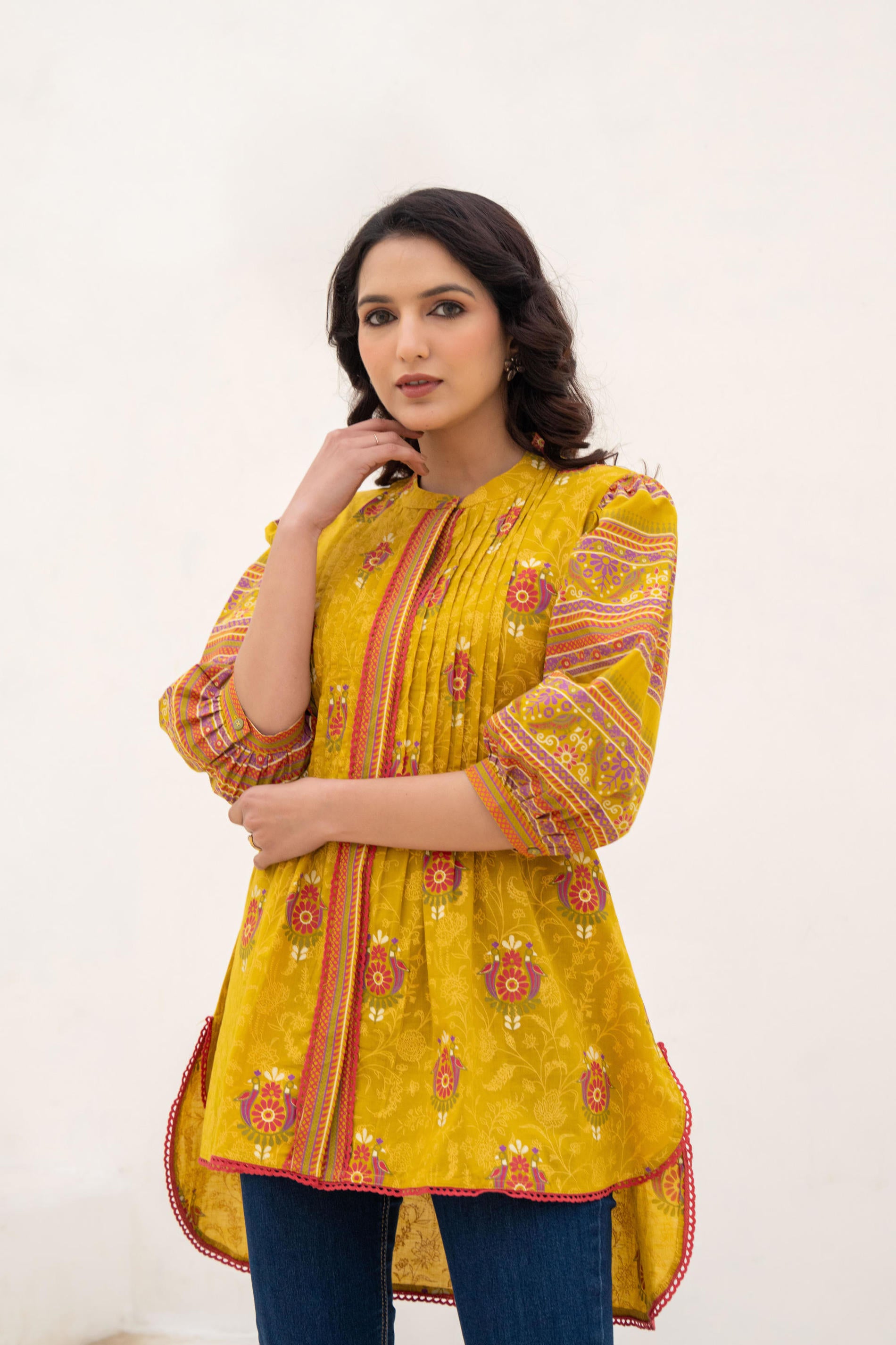 Mustard Printed Pleated Tunic with Puff Sleeves