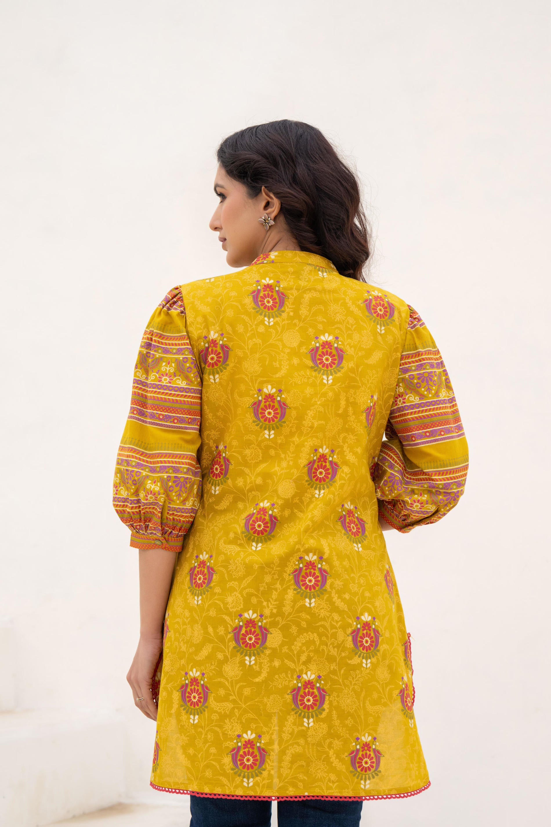 Mustard Printed Pleated Tunic with Puff Sleeves
