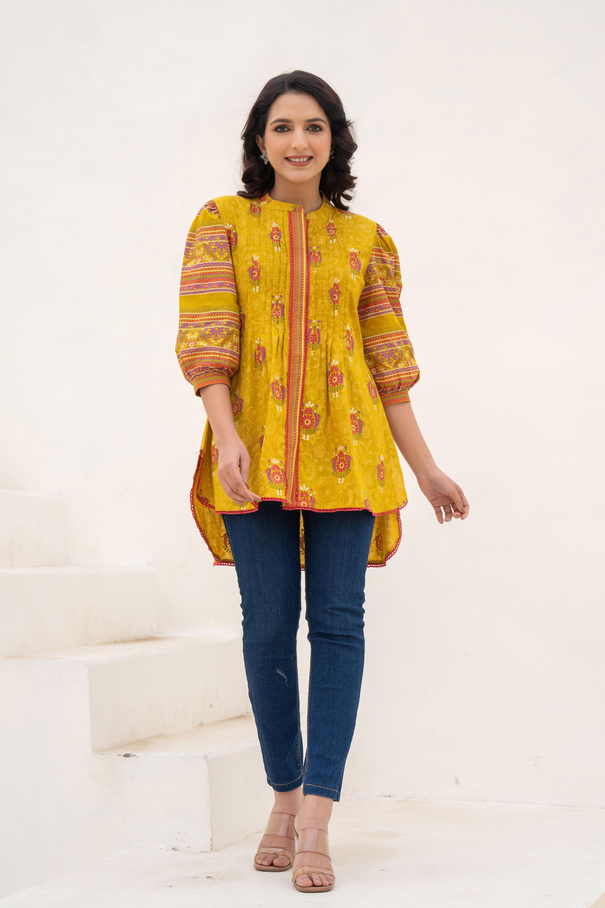 Mustard Printed Pleated Tunic with Puff Sleeves