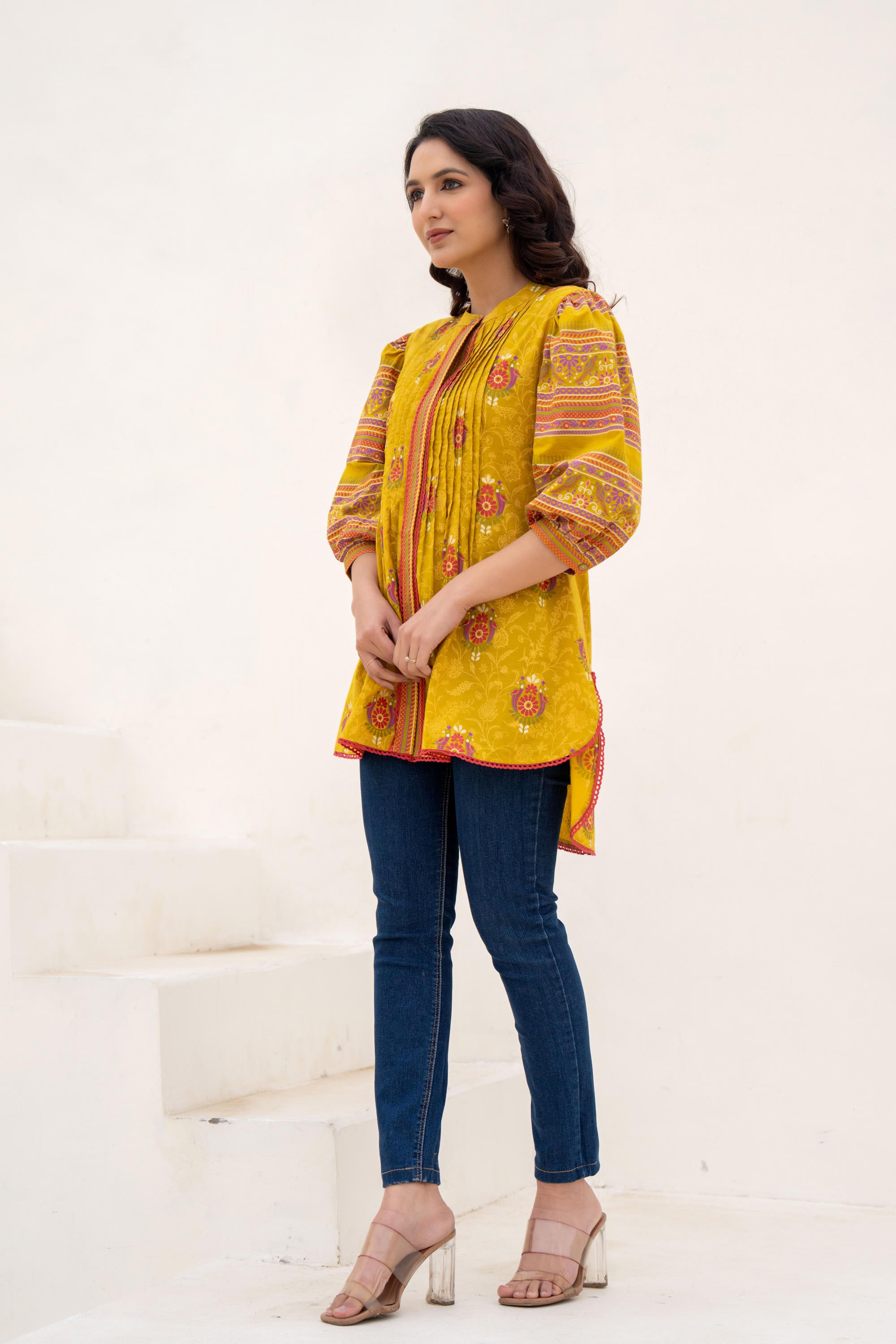 Mustard Printed Pleated Tunic with Puff Sleeves