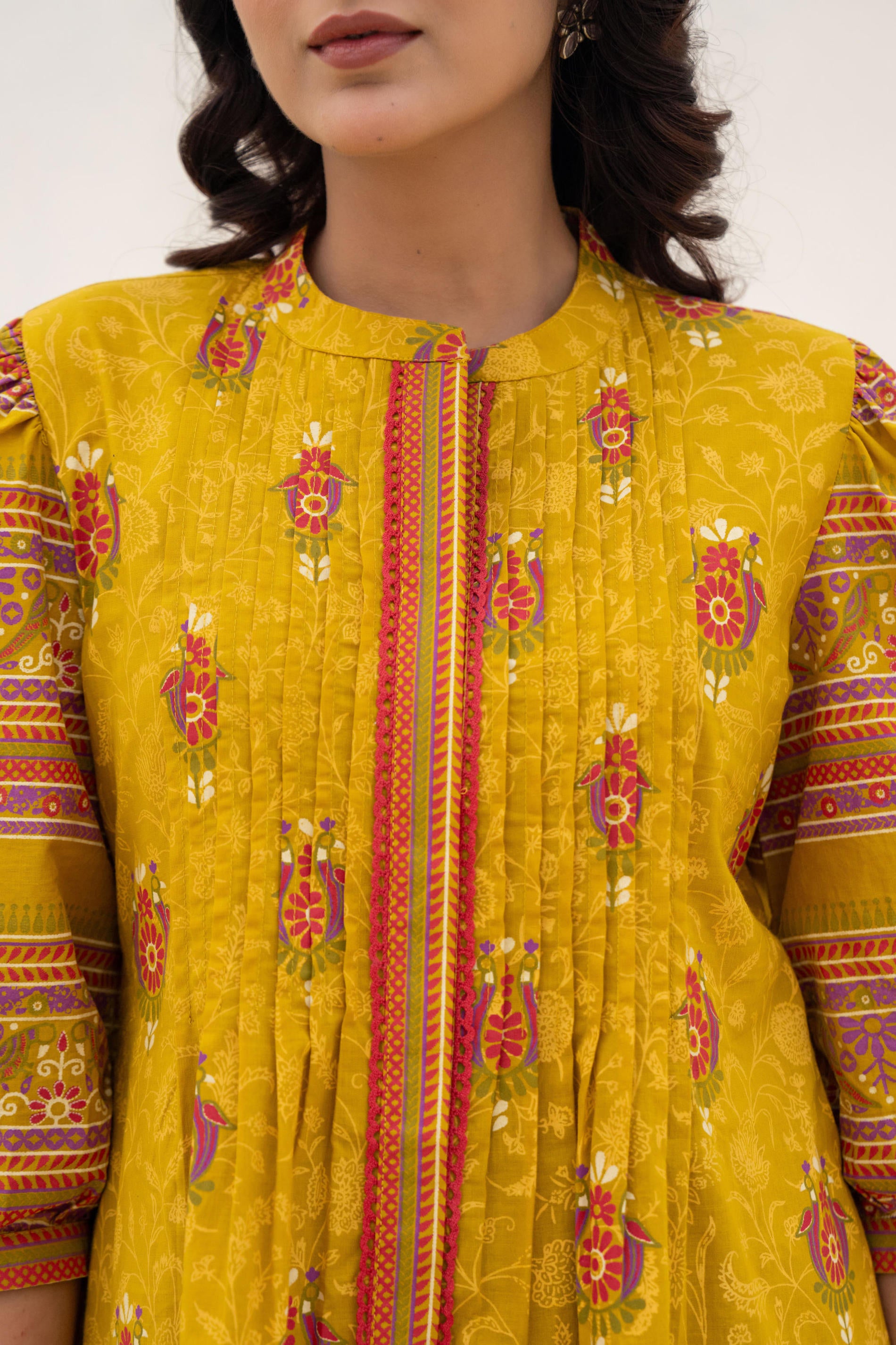 Mustard Printed Pleated Tunic with Puff Sleeves