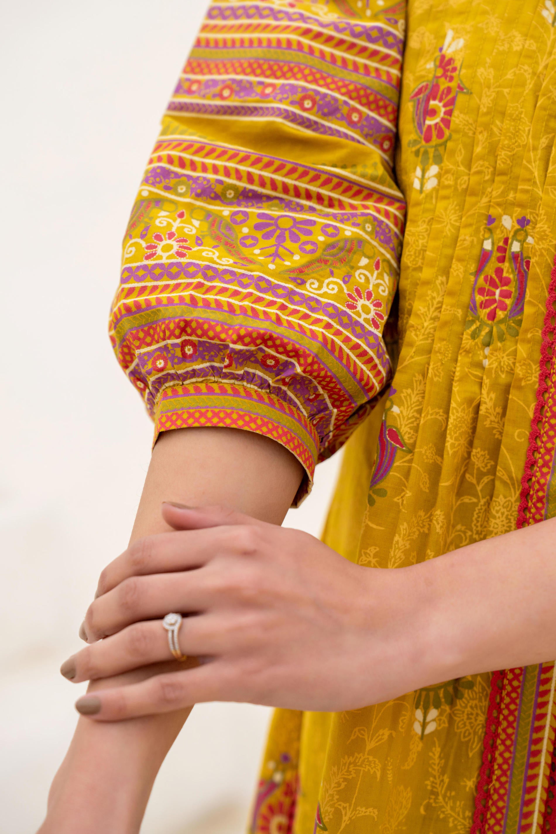 Mustard Printed Pleated Tunic with Puff Sleeves