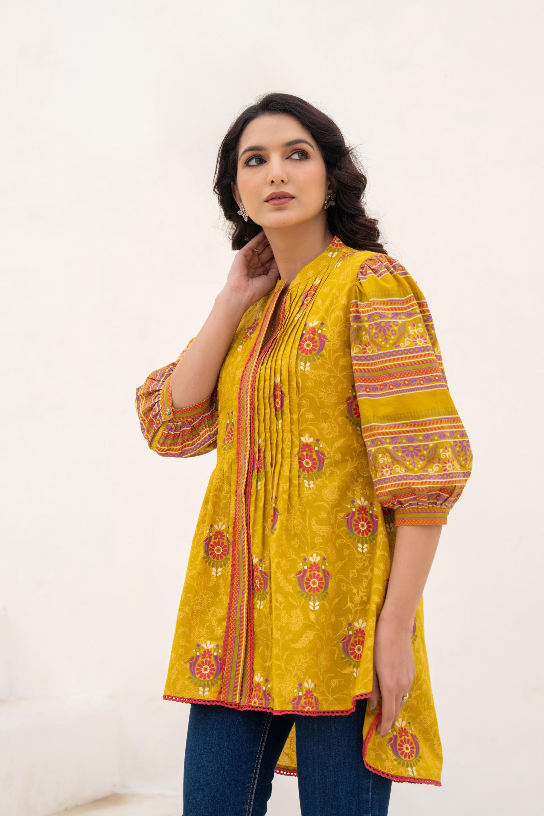 Mustard Printed Pleated Tunic with Puff Sleeves