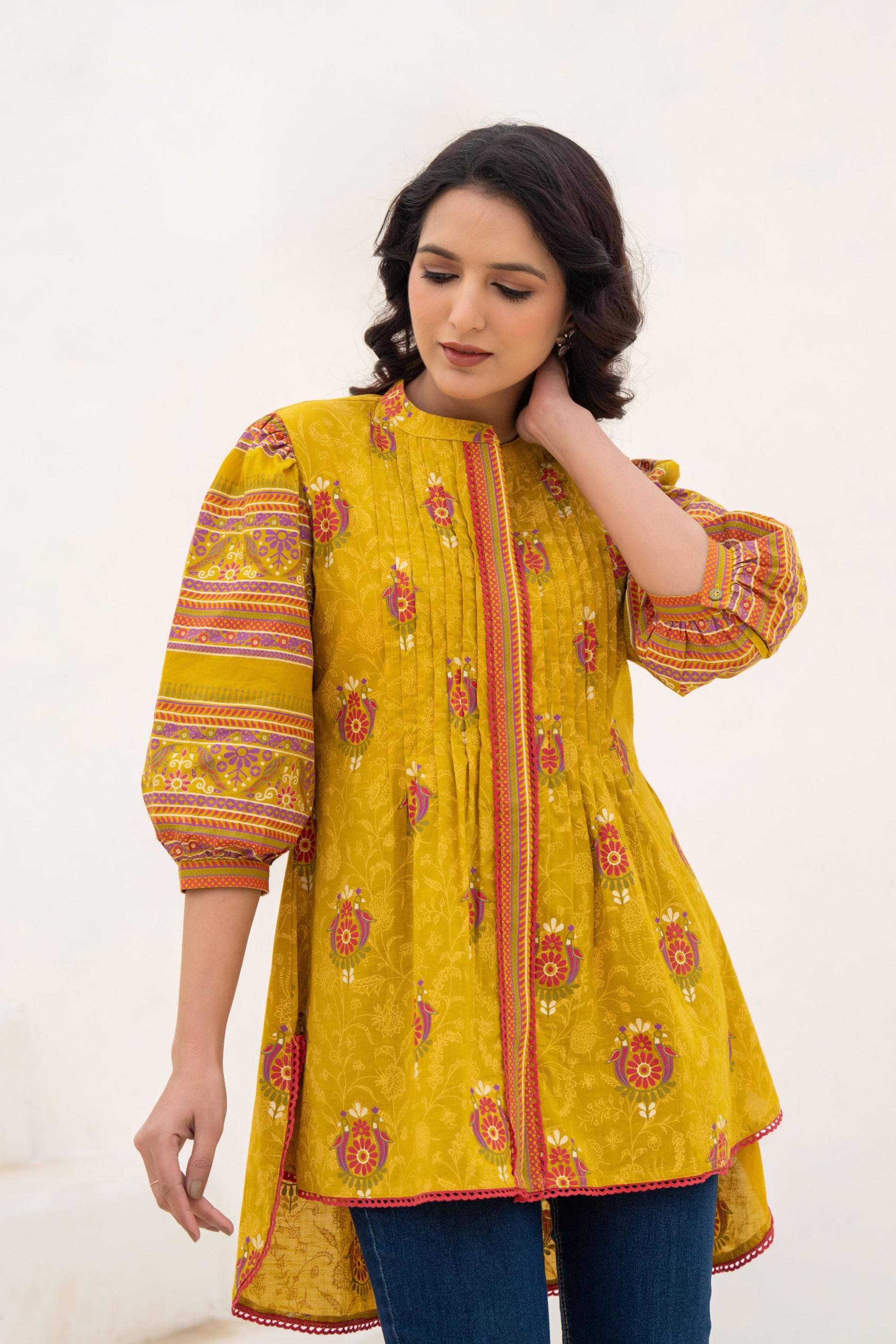 Mustard Printed Pleated Tunic with Puff Sleeves
