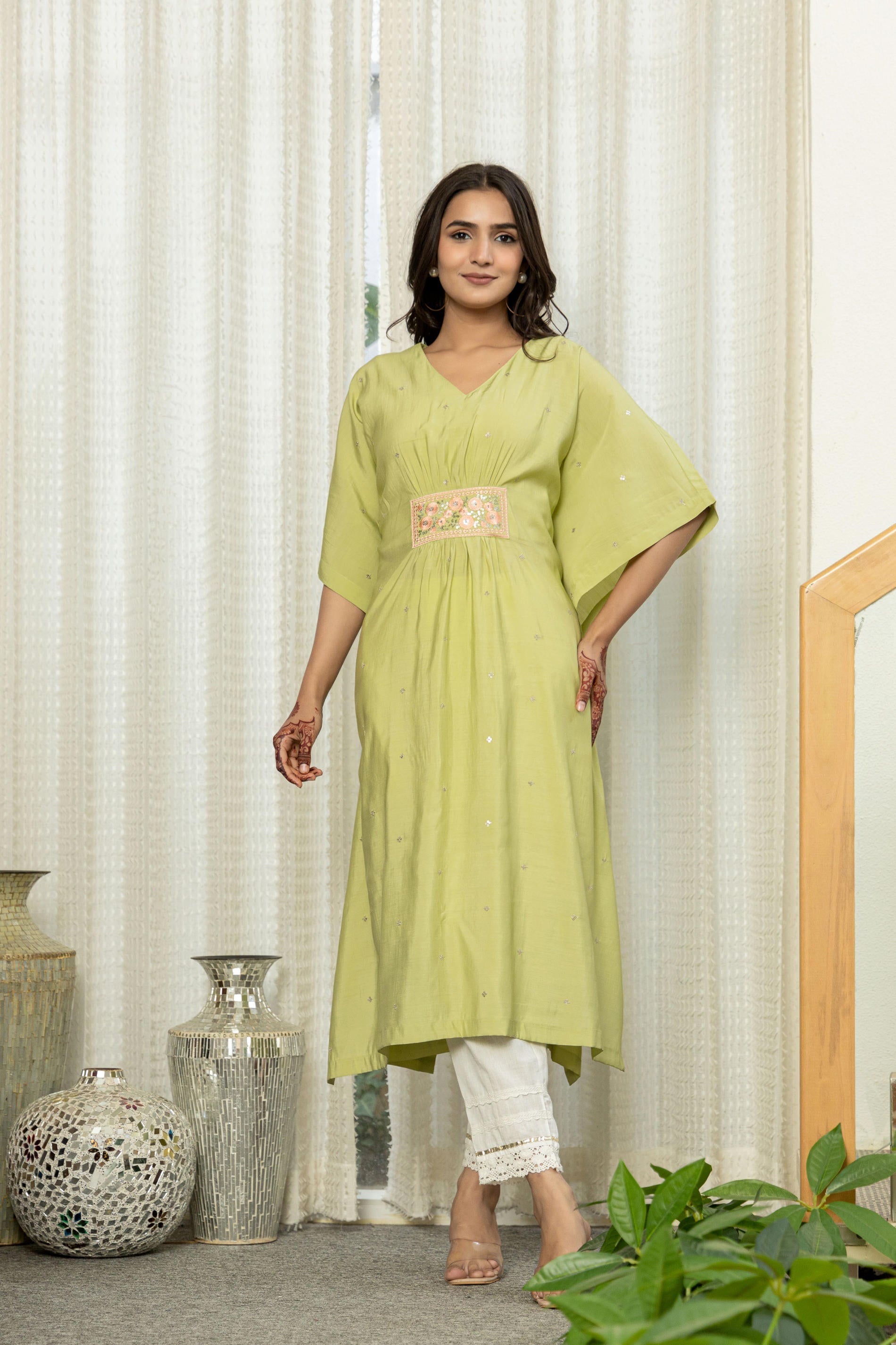 Green Solid Viscose Kaftan With Sequins & Thread Work
