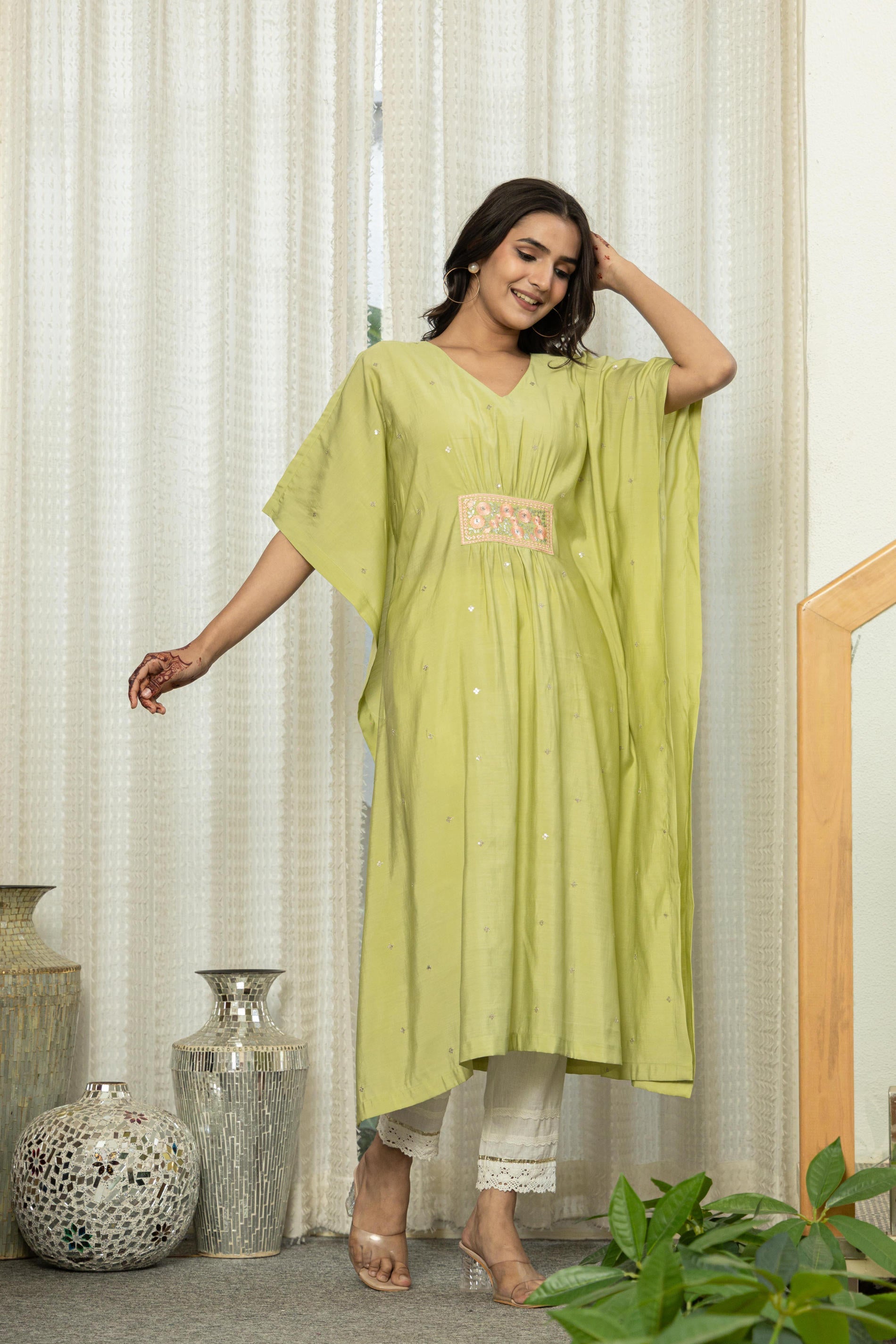 Green Solid Viscose Kaftan With Sequins & Thread Work