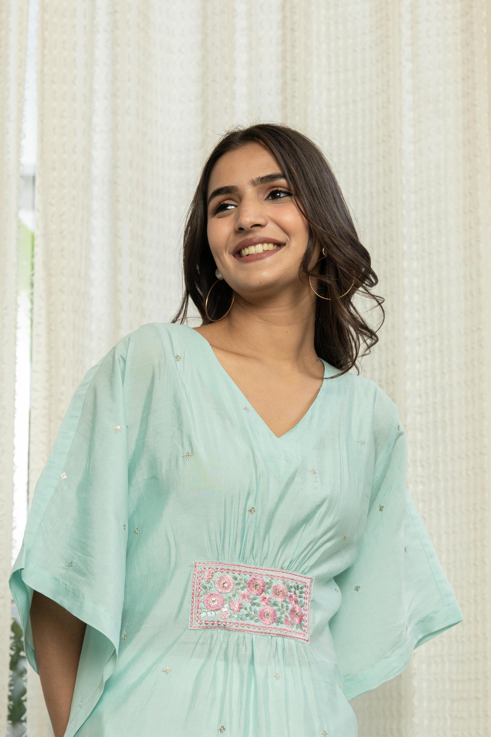 Sky Blue Solid Viscose Kaftan With Sequins & Thread Work