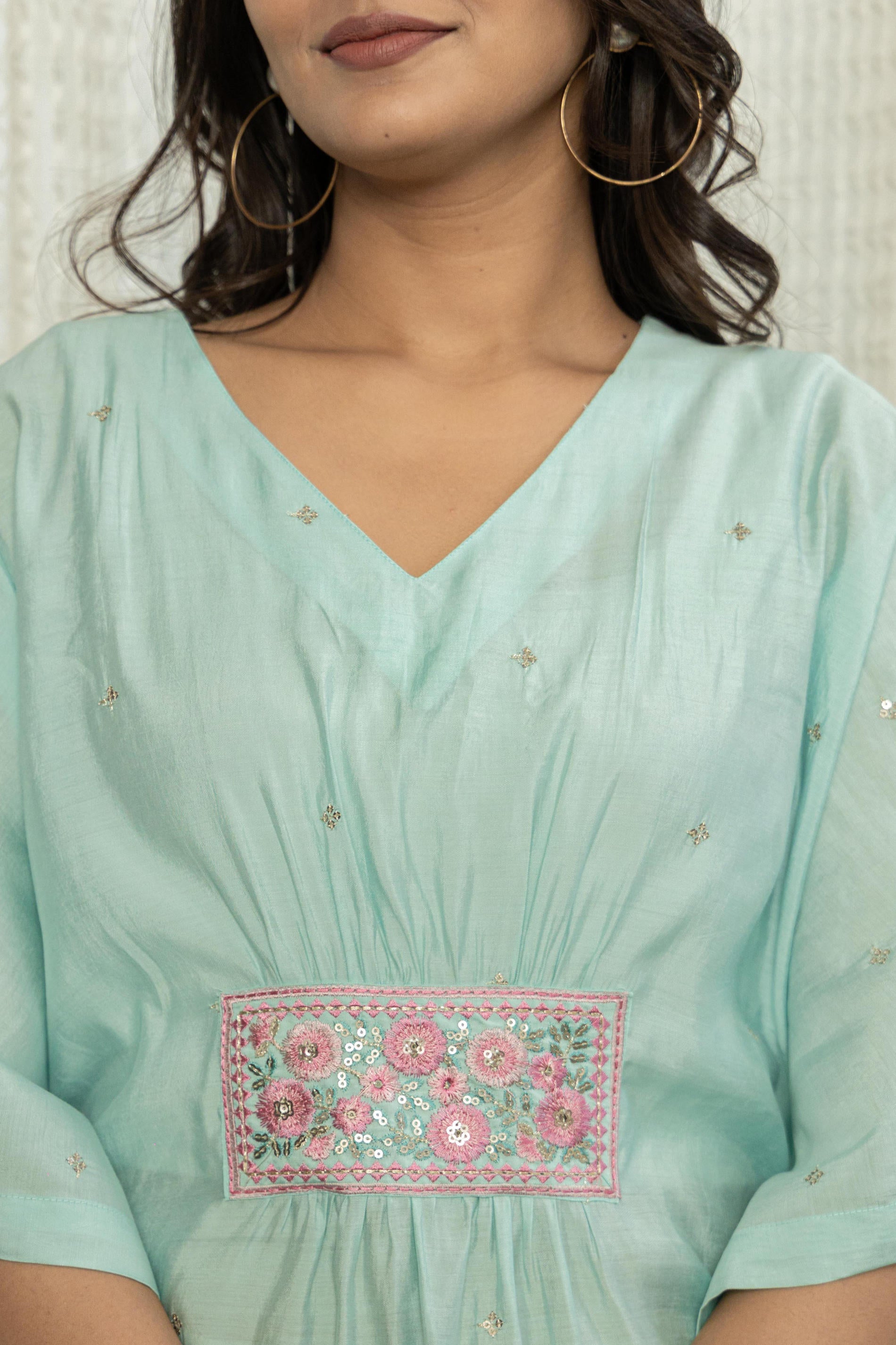 Sky Blue Solid Viscose Kaftan With Sequins & Thread Work