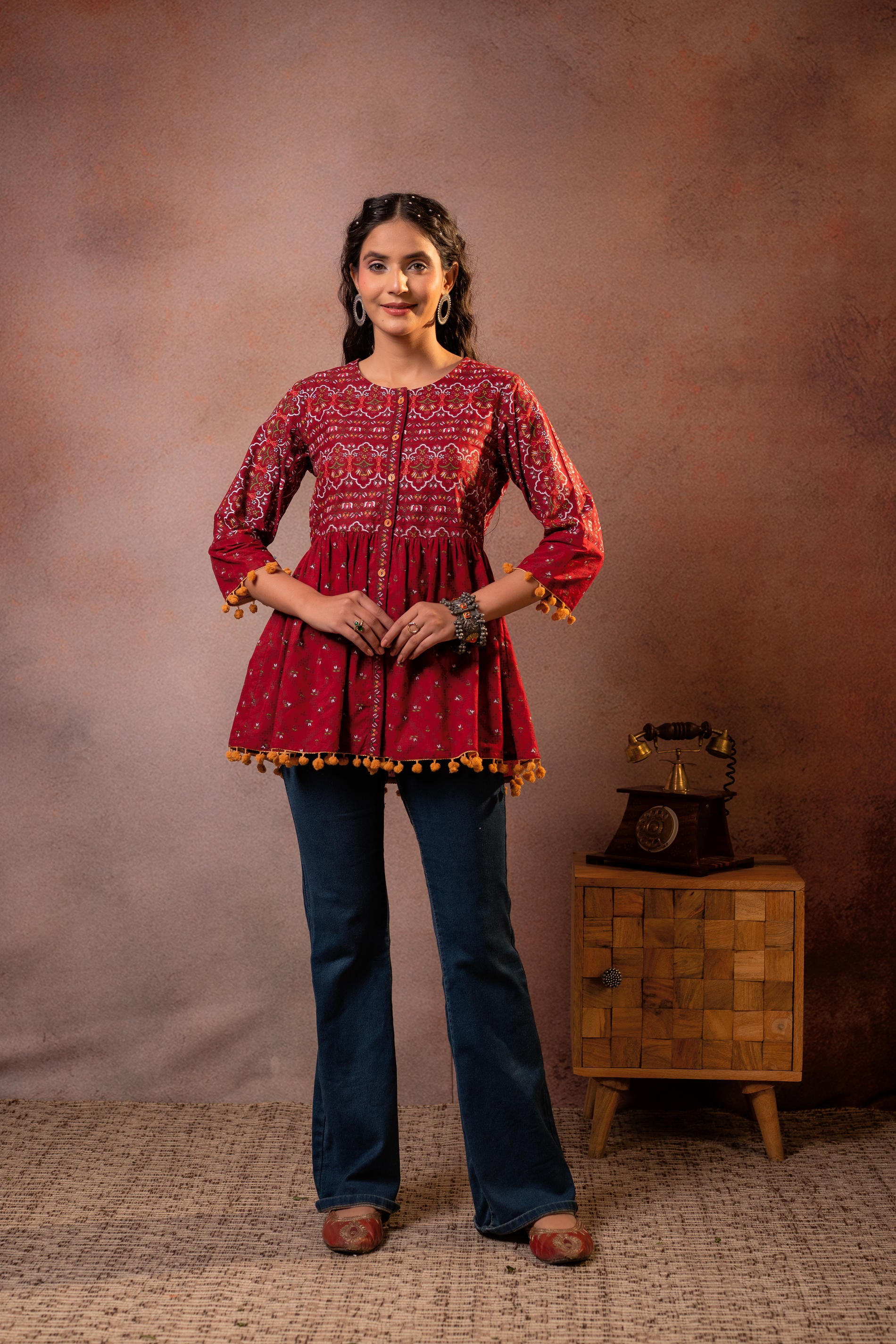 Rust Red Maroon Printed Ethnic Tunic with Tassel,pompom Details