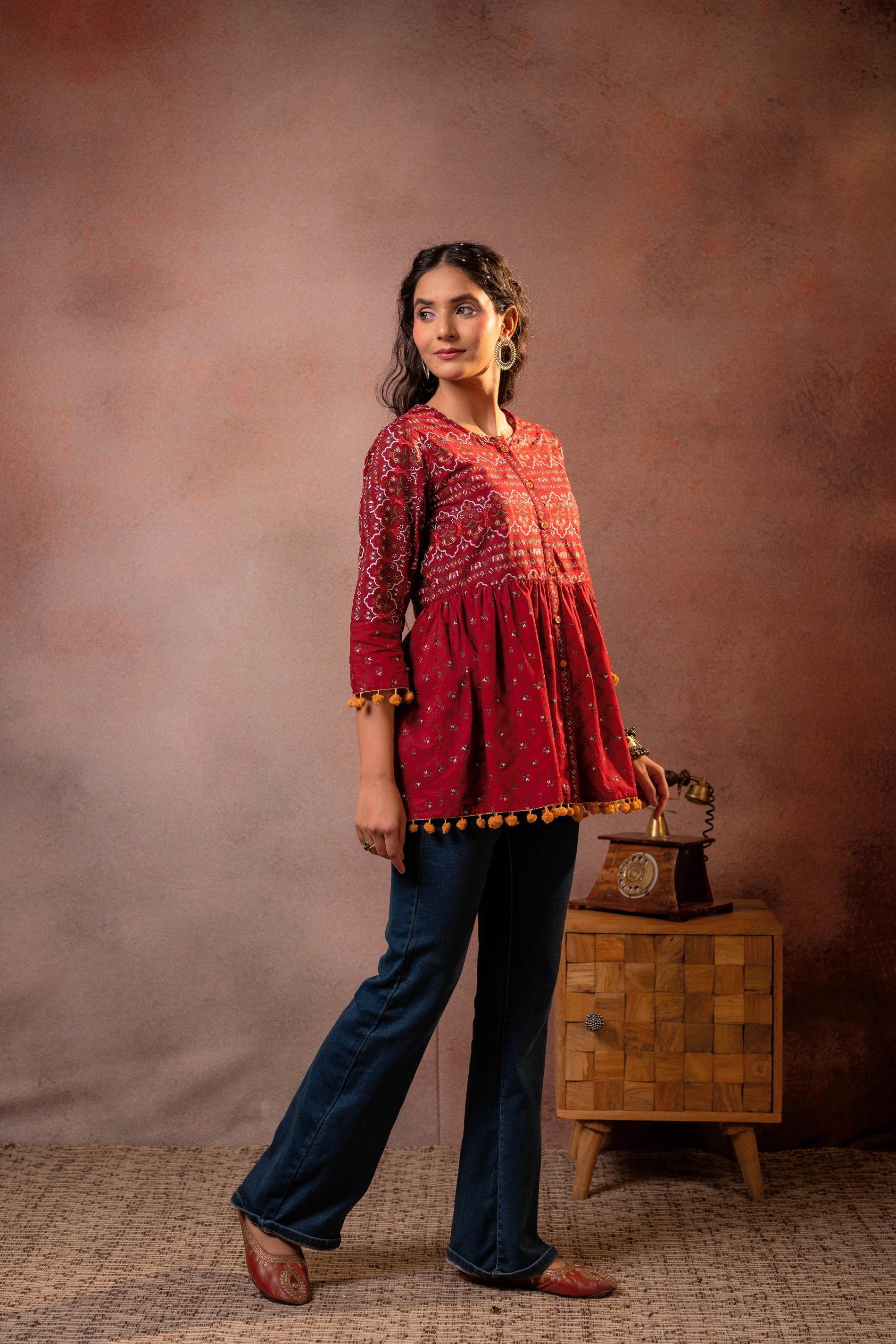 Rust Red Maroon Printed Ethnic Tunic with Tassel,pompom Details