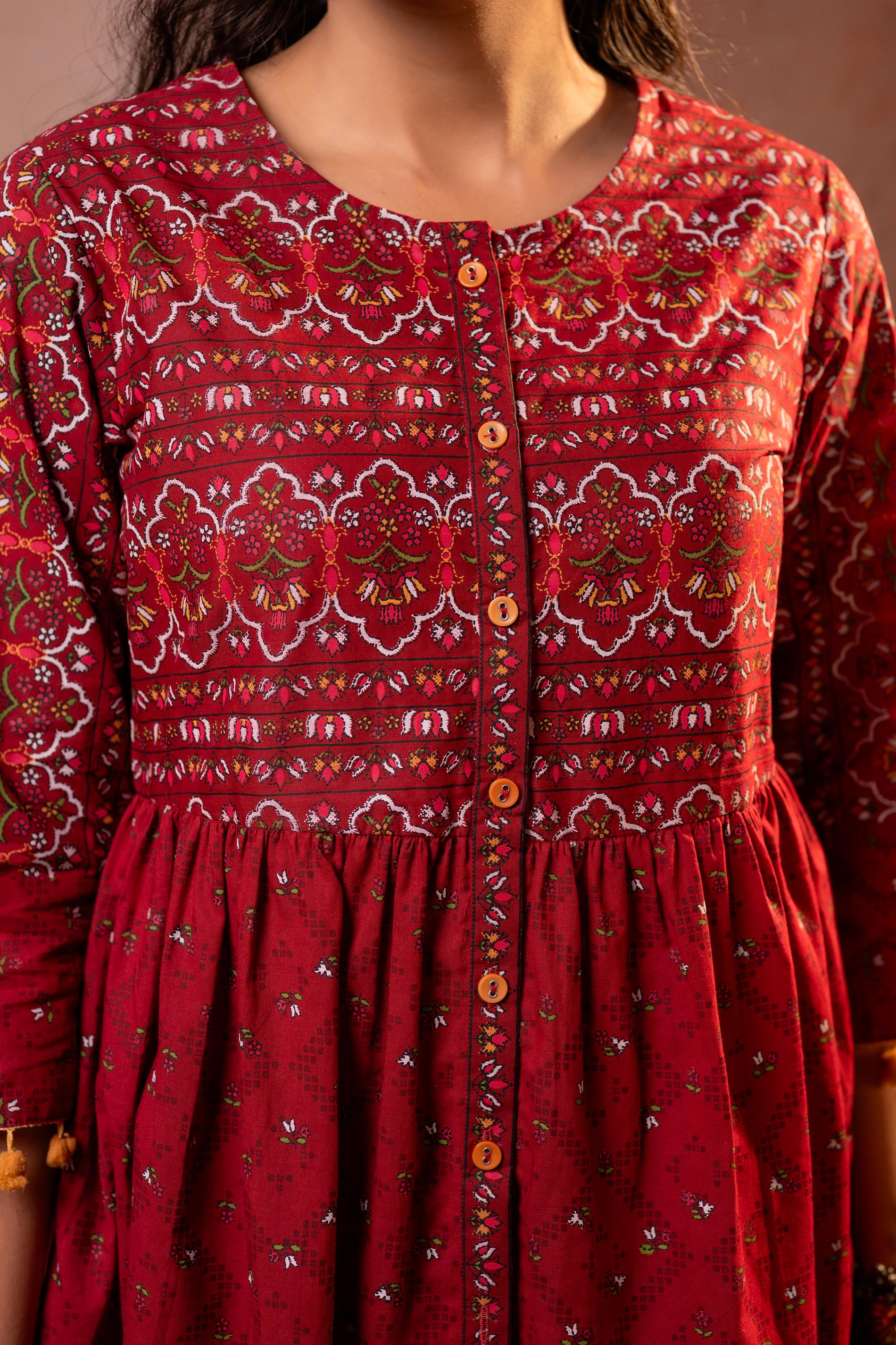 Rust Red Maroon Printed Ethnic Tunic with Tassel,pompom Details