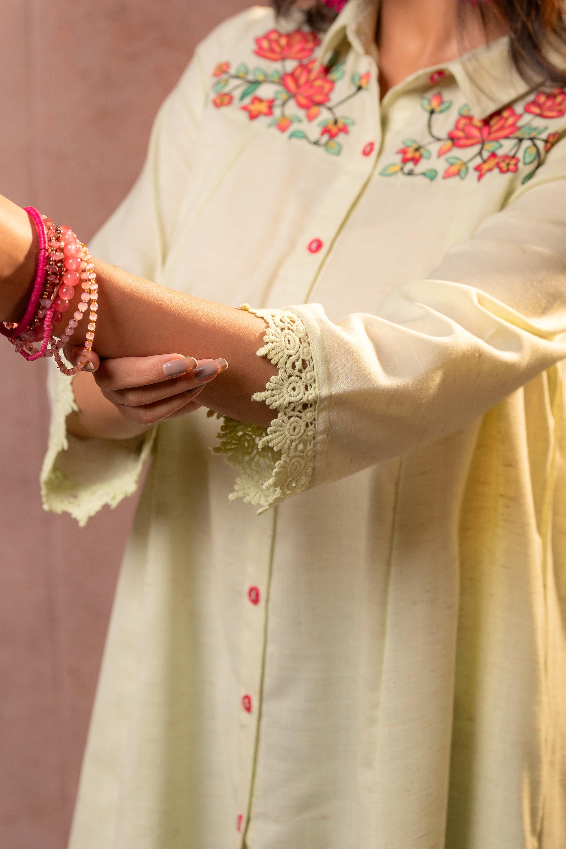 Meadow PistaGreen Bloom Embroidered Shirt Kurta