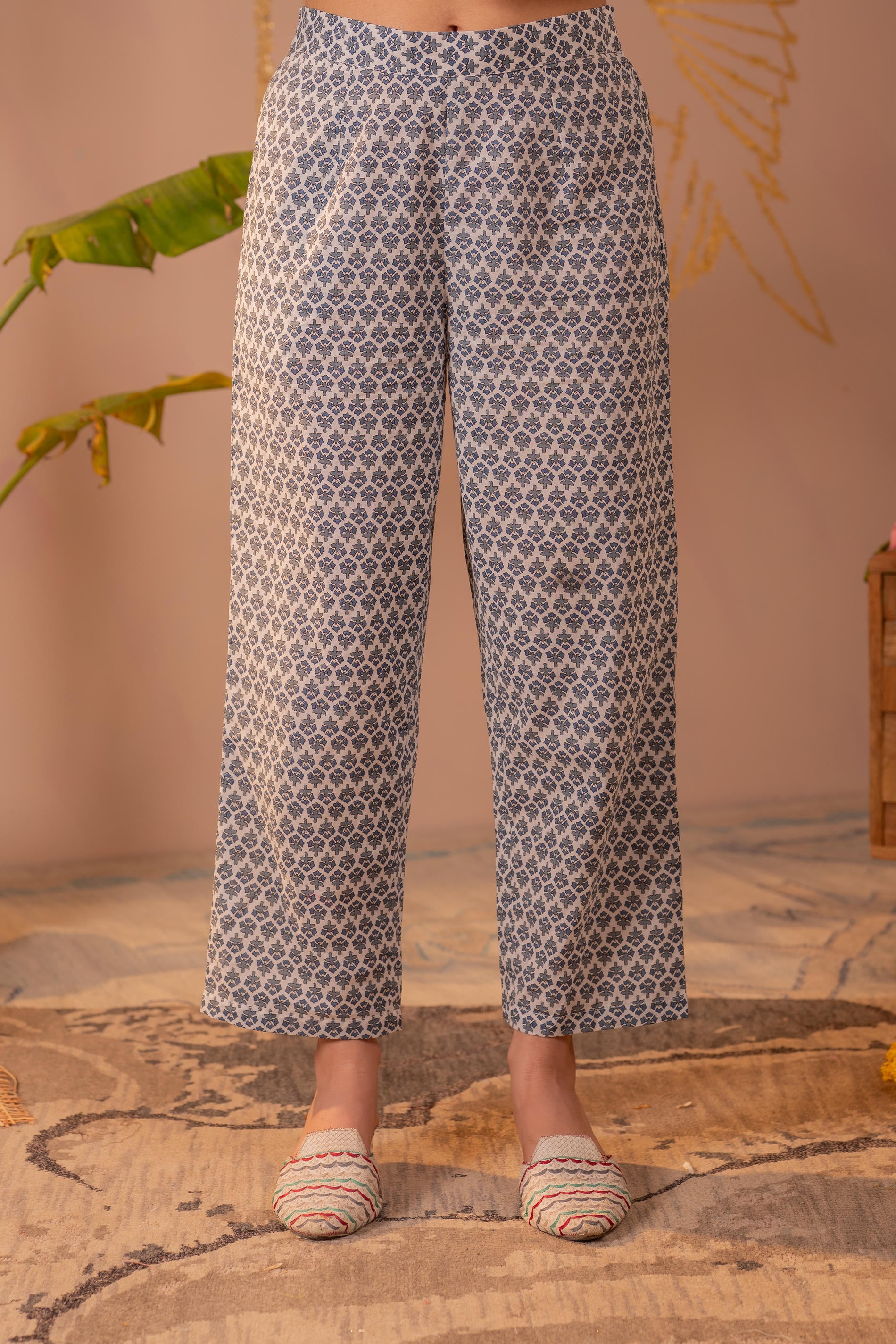 White Embroidered Straight Kurta Set with Blue Printed Dupatta