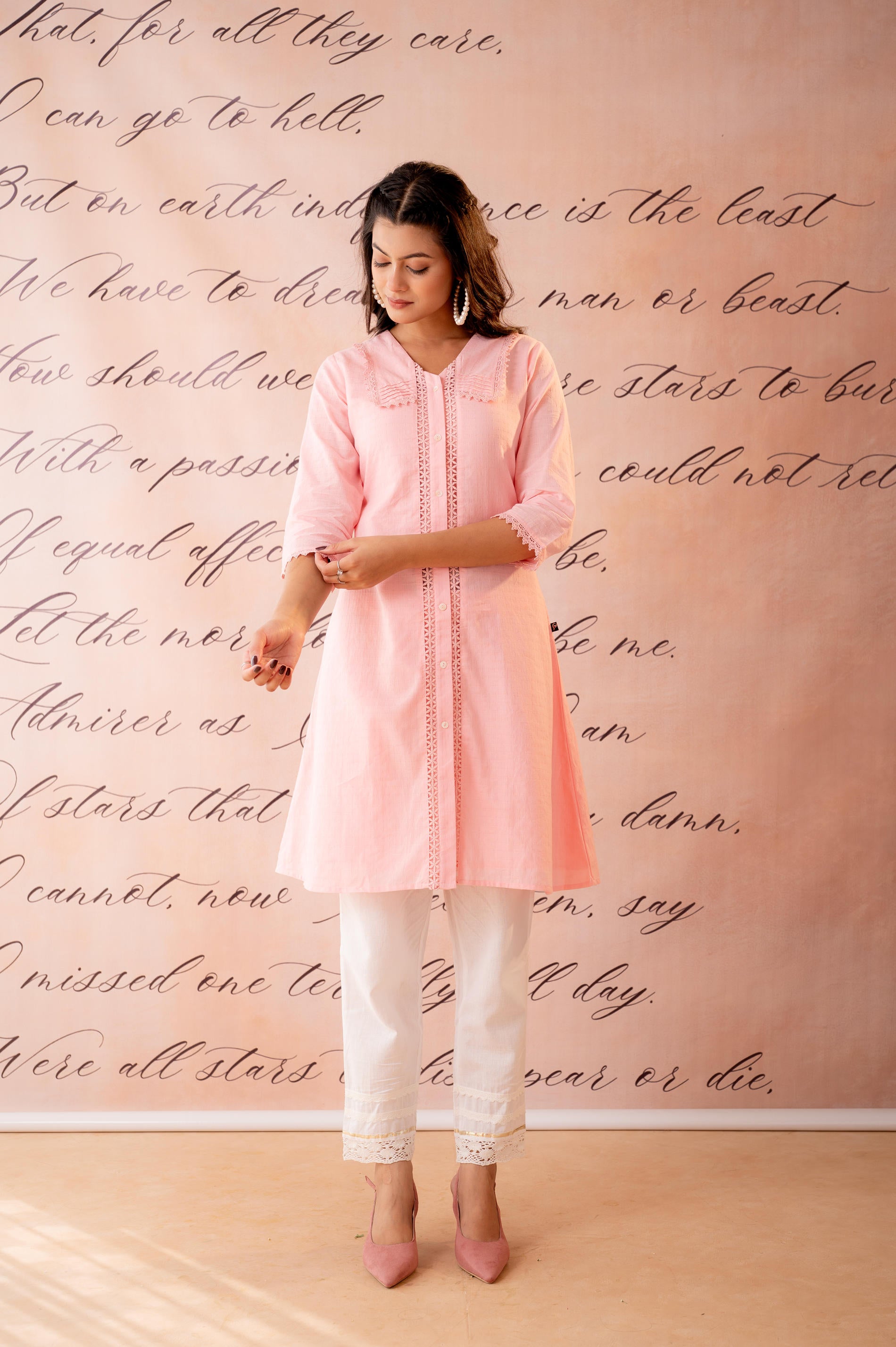 BabyPink Lace-Detailed Kurta