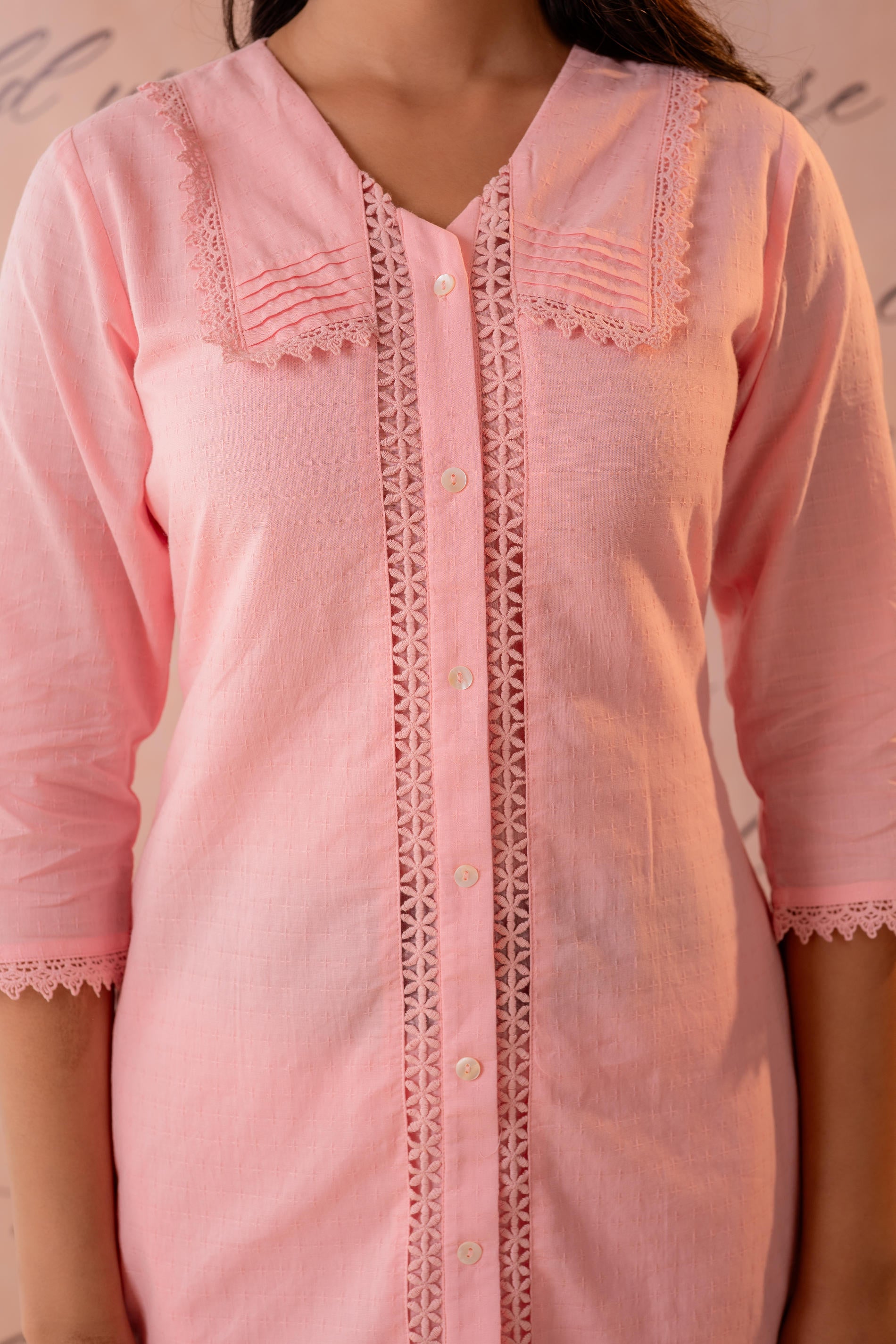 BabyPink Lace-Detailed Kurta