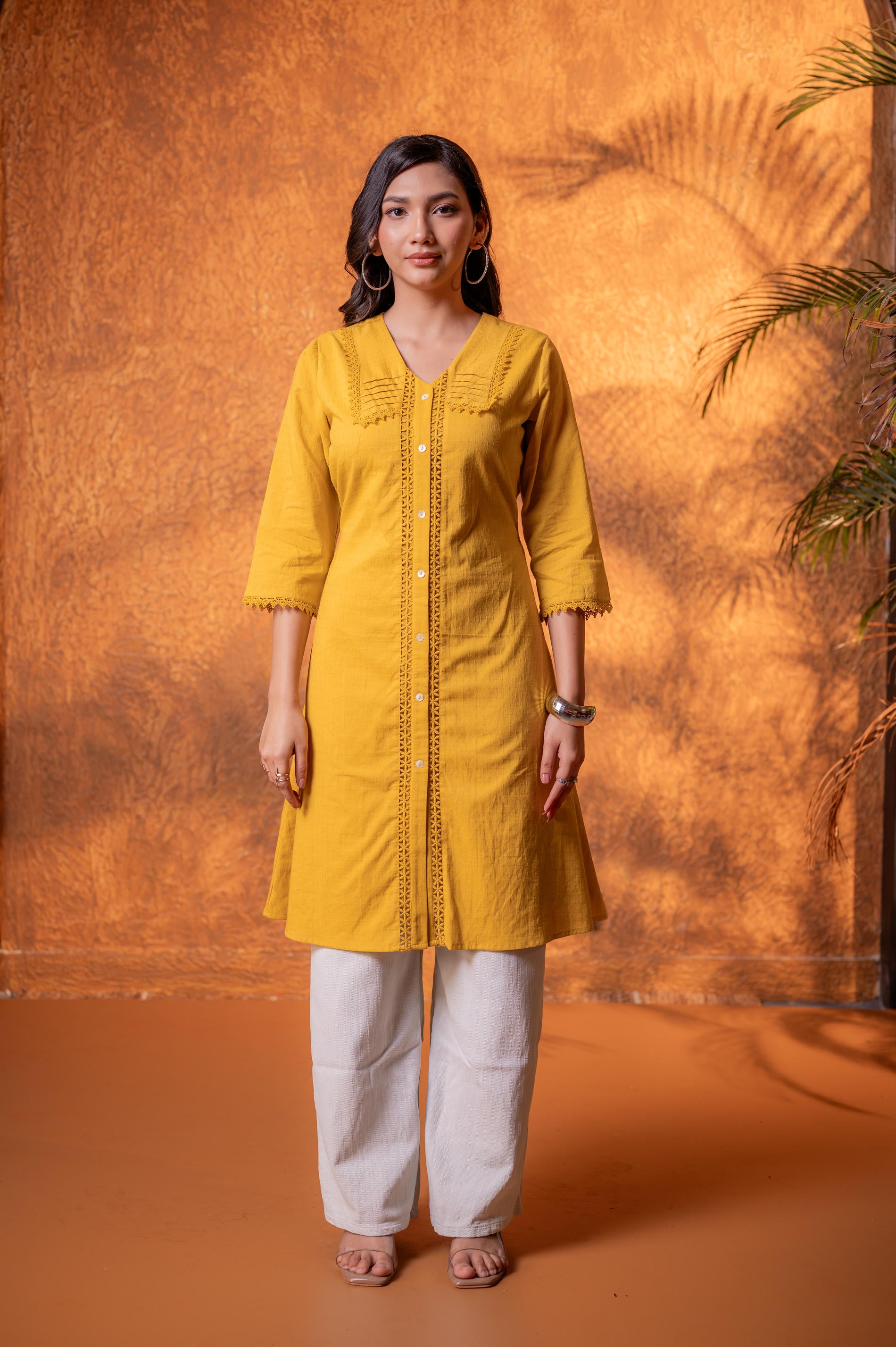 Mustard Lace-Detailed Kurta