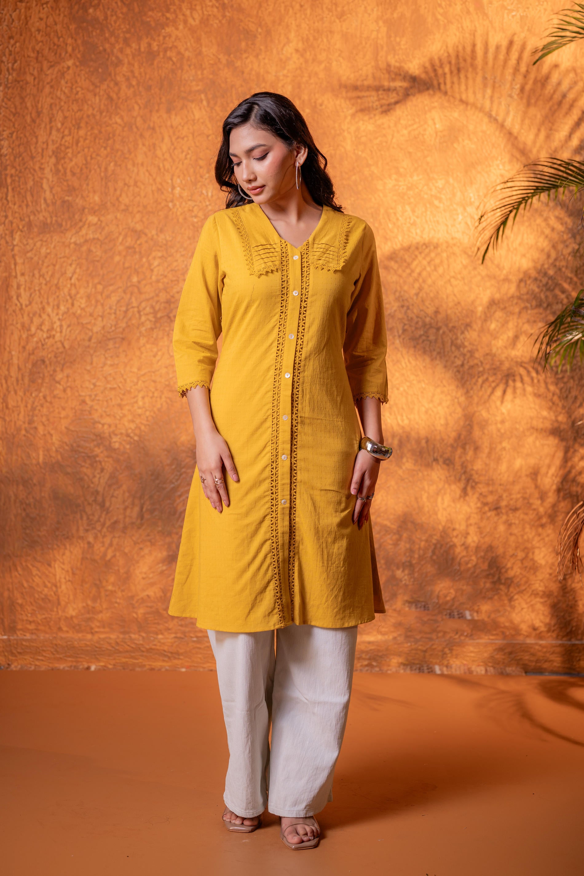 Mustard Lace-Detailed Kurta