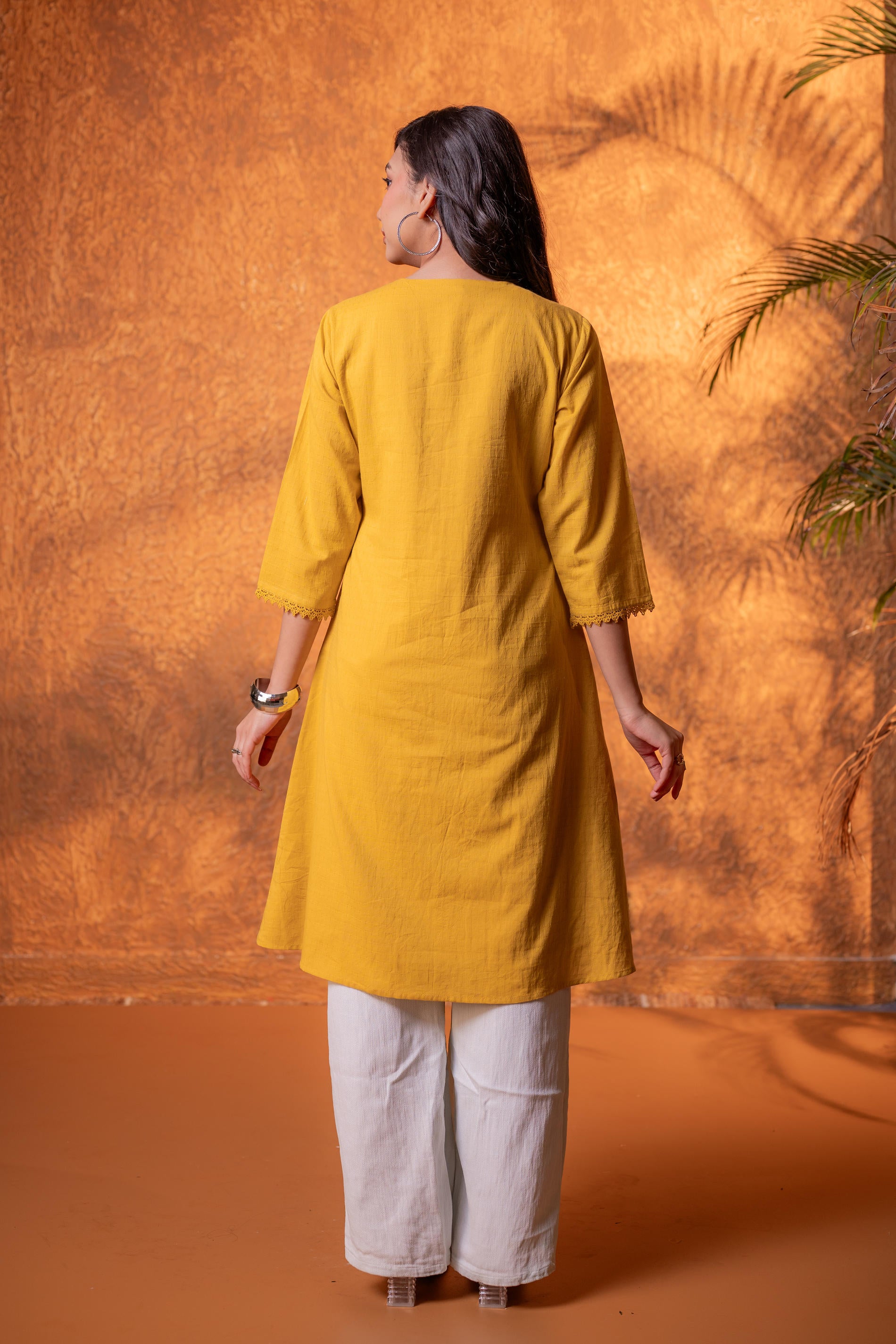 Mustard Lace-Detailed Kurta