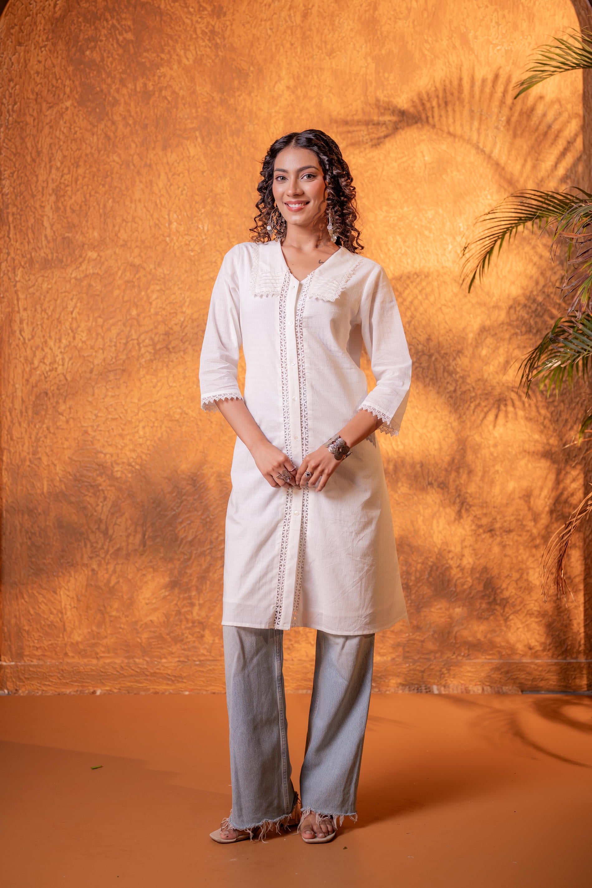 White Lace-Detailed Kurta