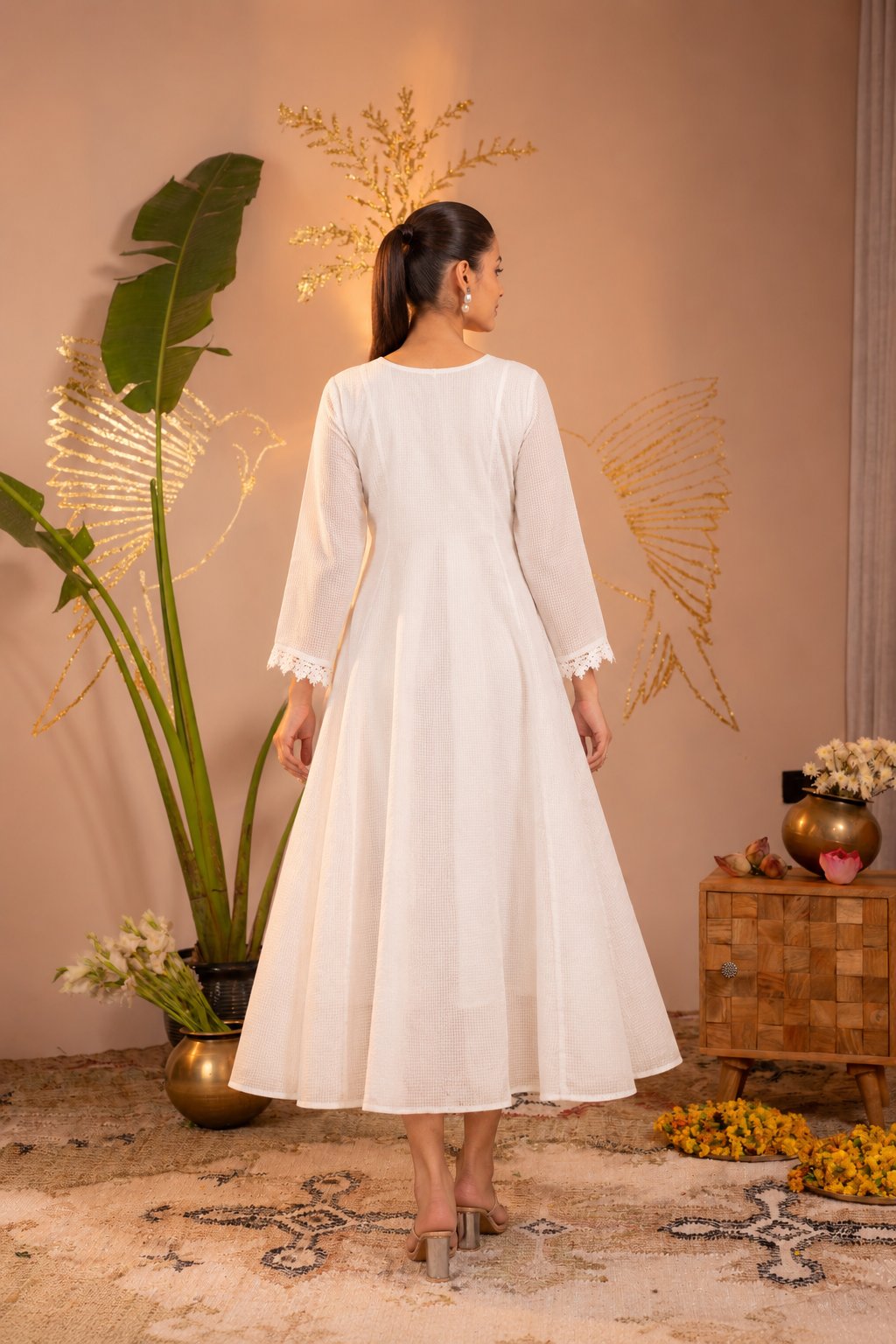 Cotton White Blush Lace PatchWork Anarkali Kurta