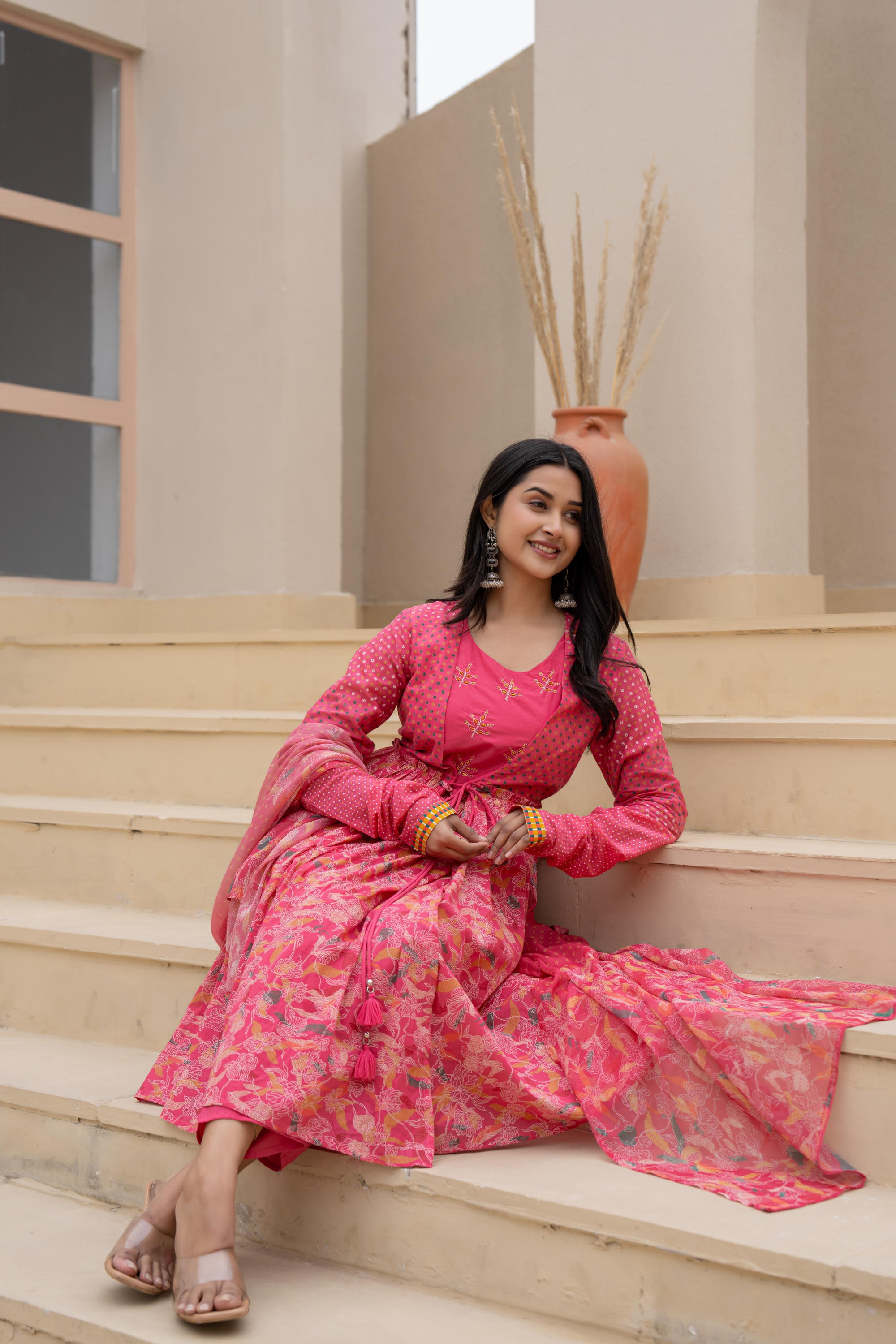 Fuchsia Embroidered & Printed Layered Dress Set with Dupatta
