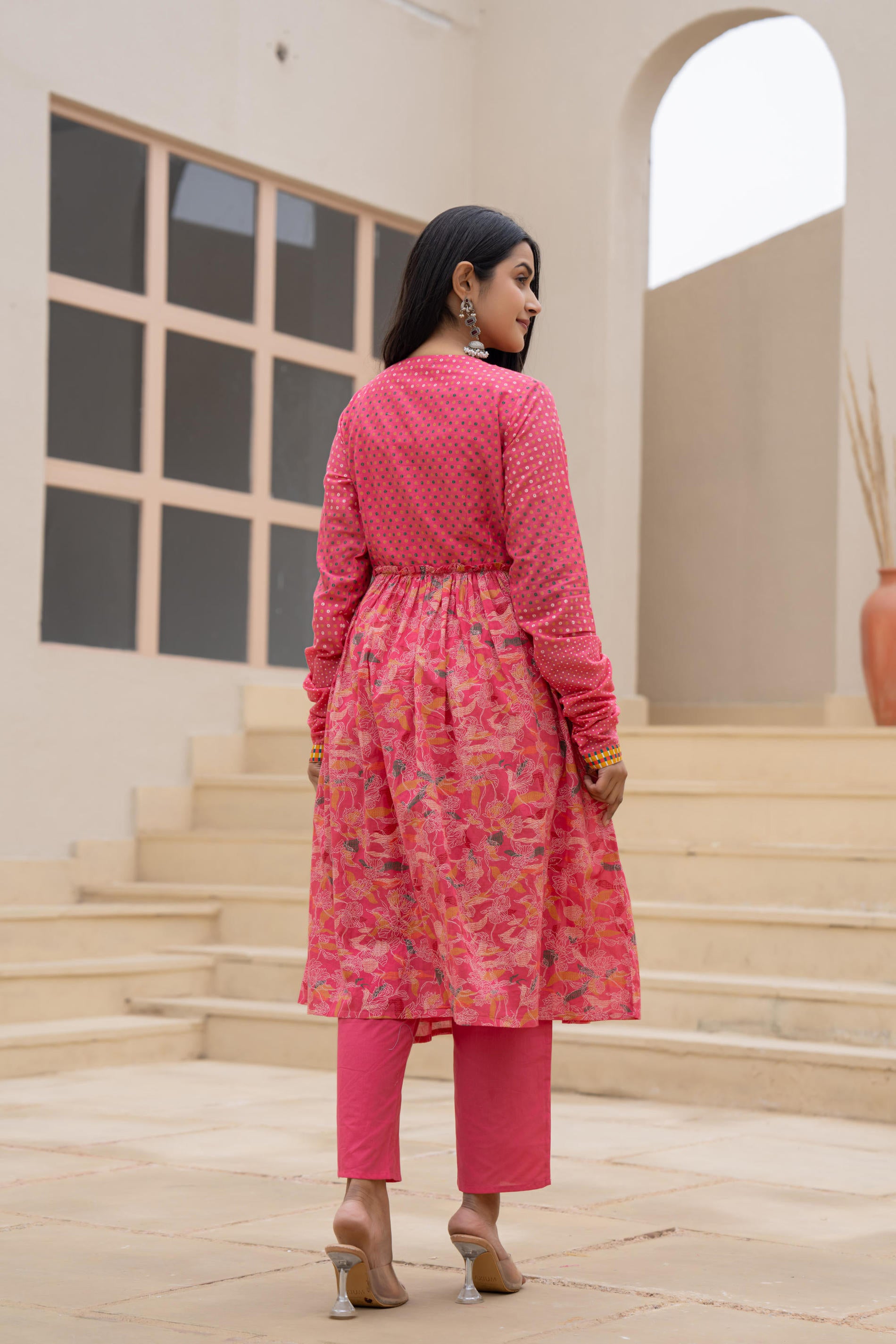 Fuchsia Embroidered & Printed Layered Dress Set with Dupatta