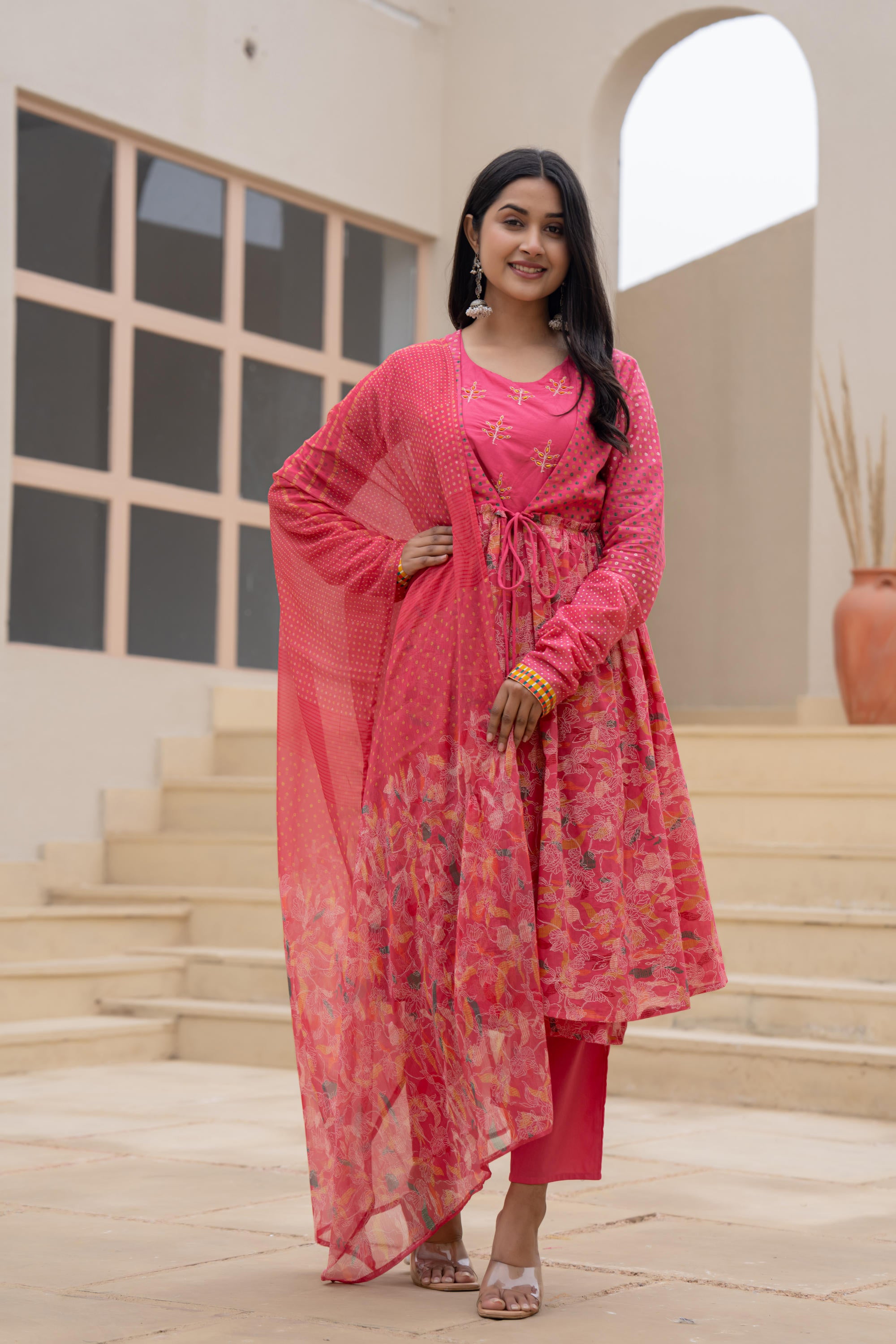 Fuchsia Embroidered & Printed Layered Dress Set with Dupatta