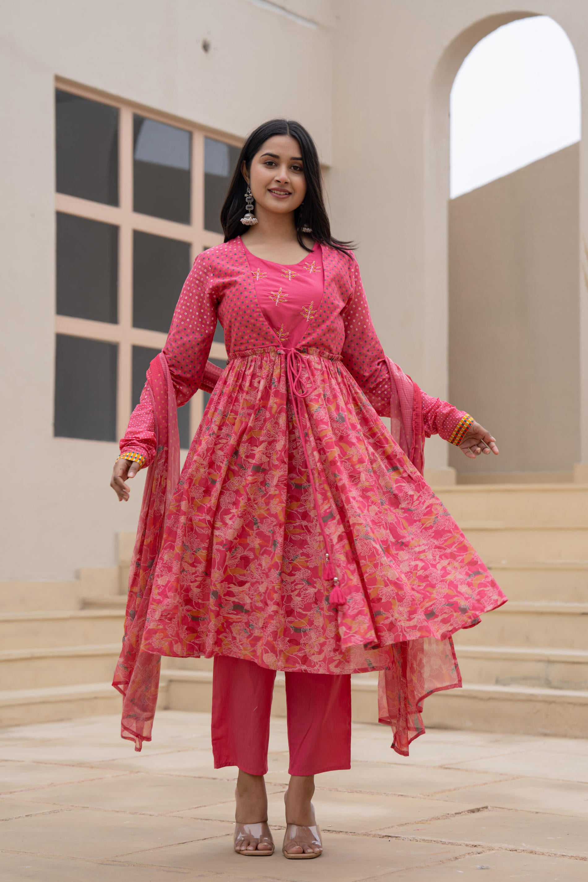 Fuchsia Embroidered & Printed Layered Dress Set with Dupatta
