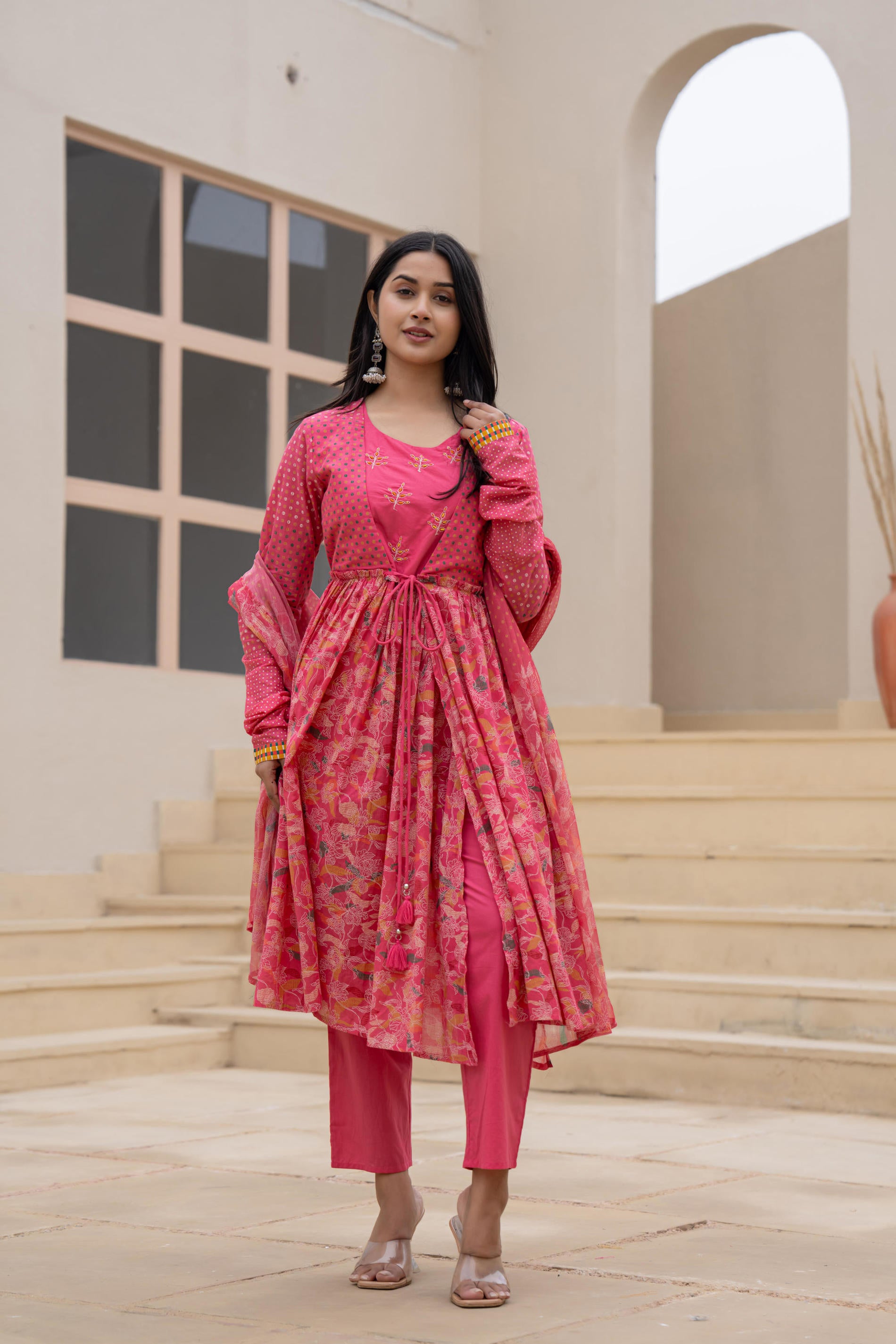 Fuchsia Embroidered & Printed Layered Dress Set with Dupatta