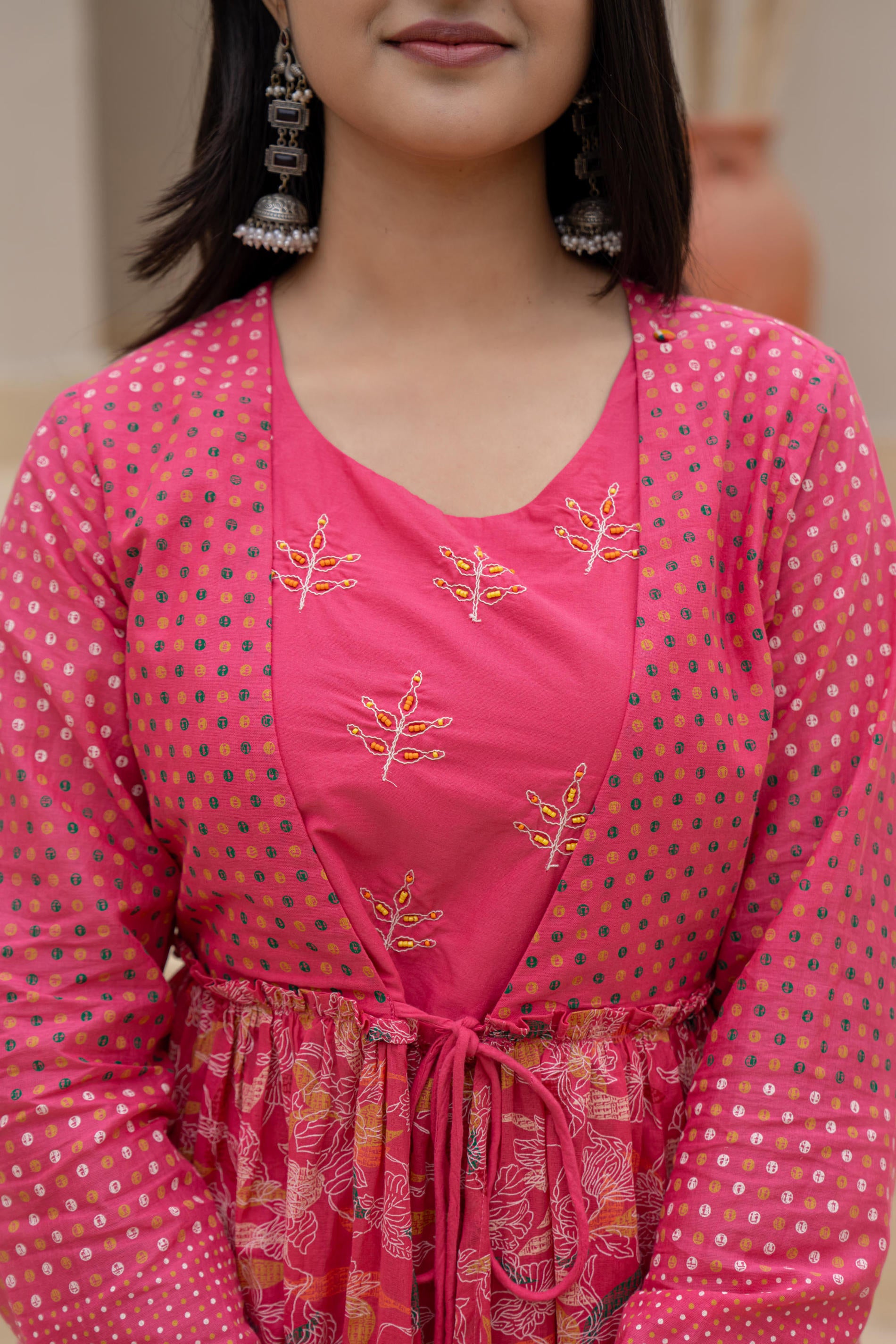 Fuchsia Embroidered & Printed Layered Dress Set with Dupatta