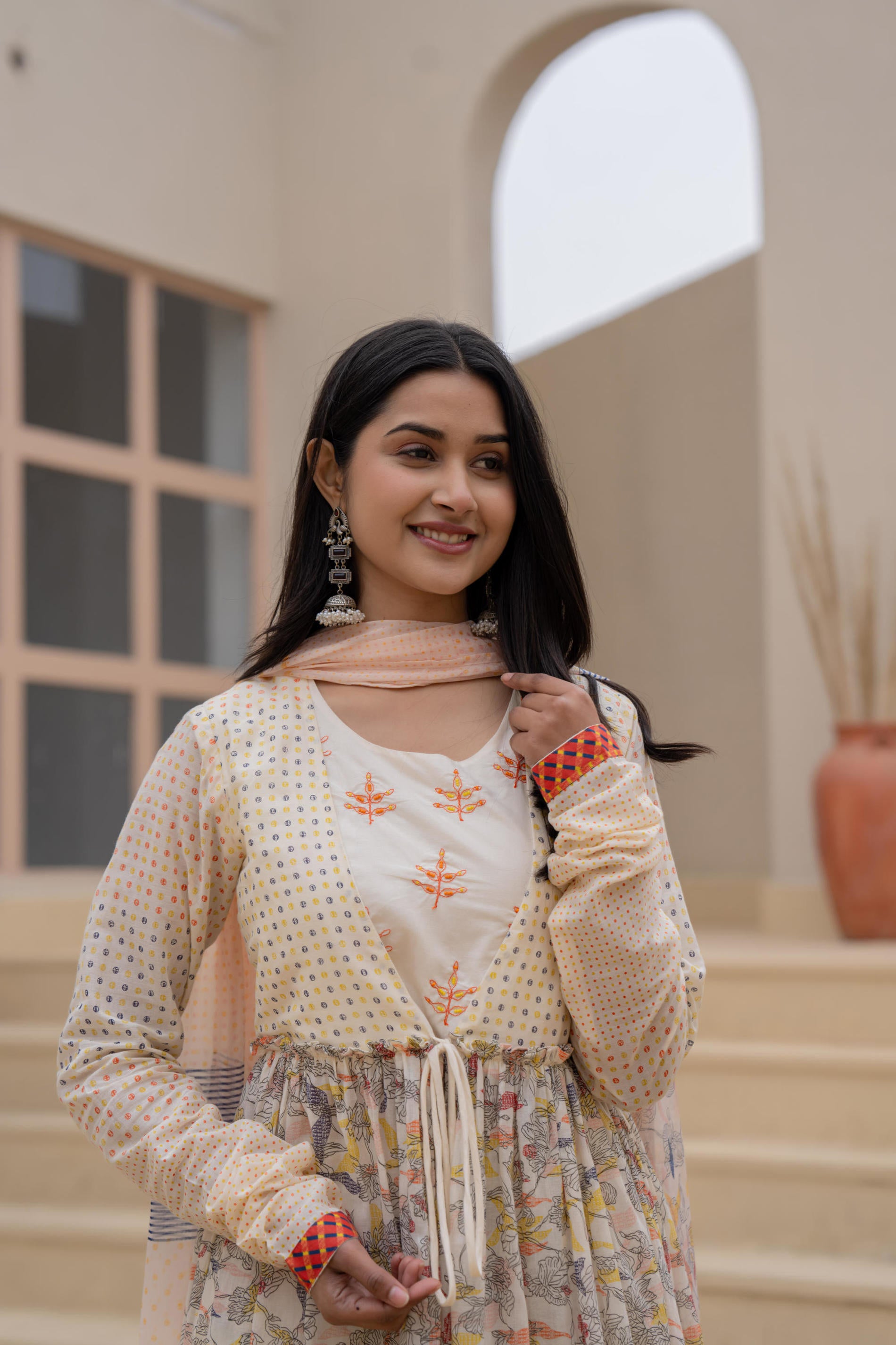 Ivory Embroidered & Printed Layered Dress Set with Dupatta