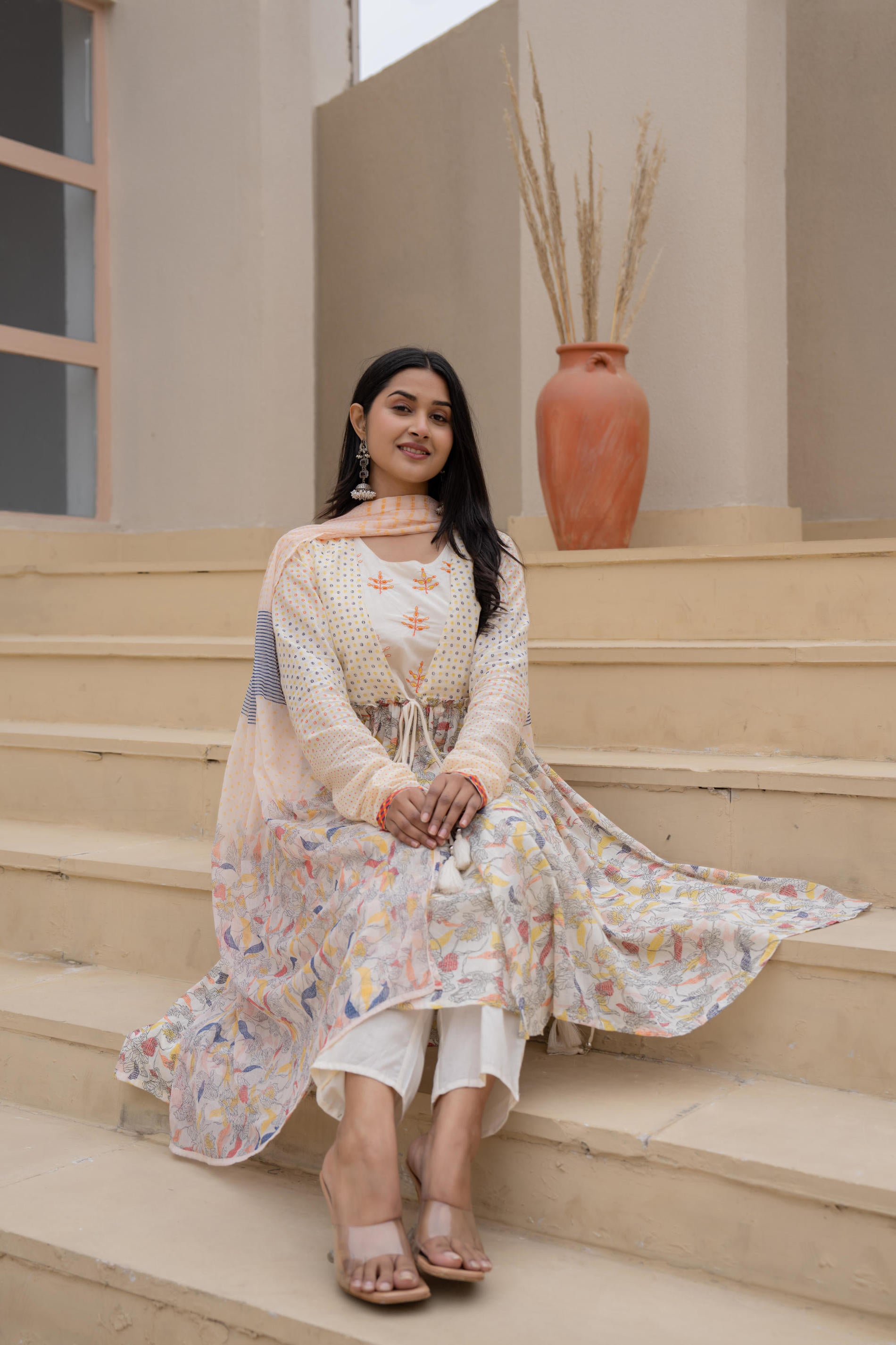 Ivory Embroidered & Printed Layered Dress Set with Dupatta