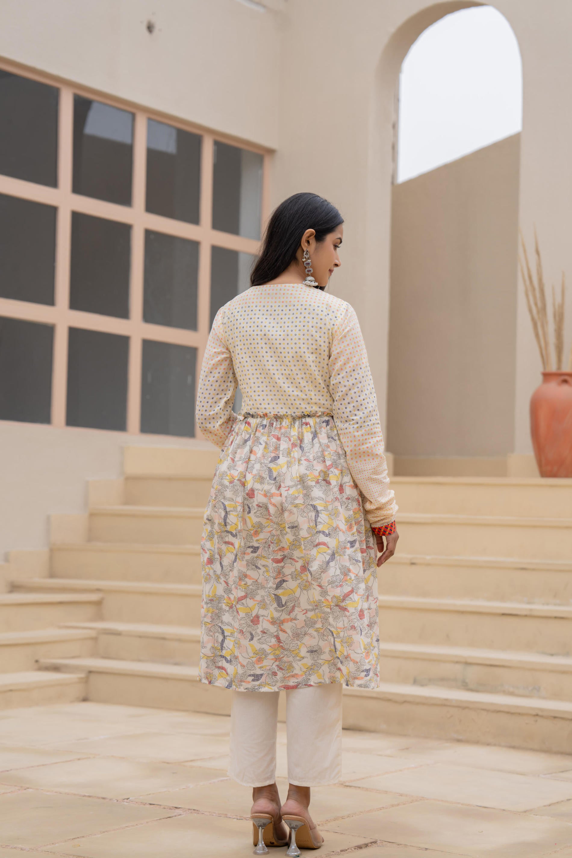 Ivory Embroidered & Printed Layered Dress Set with Dupatta