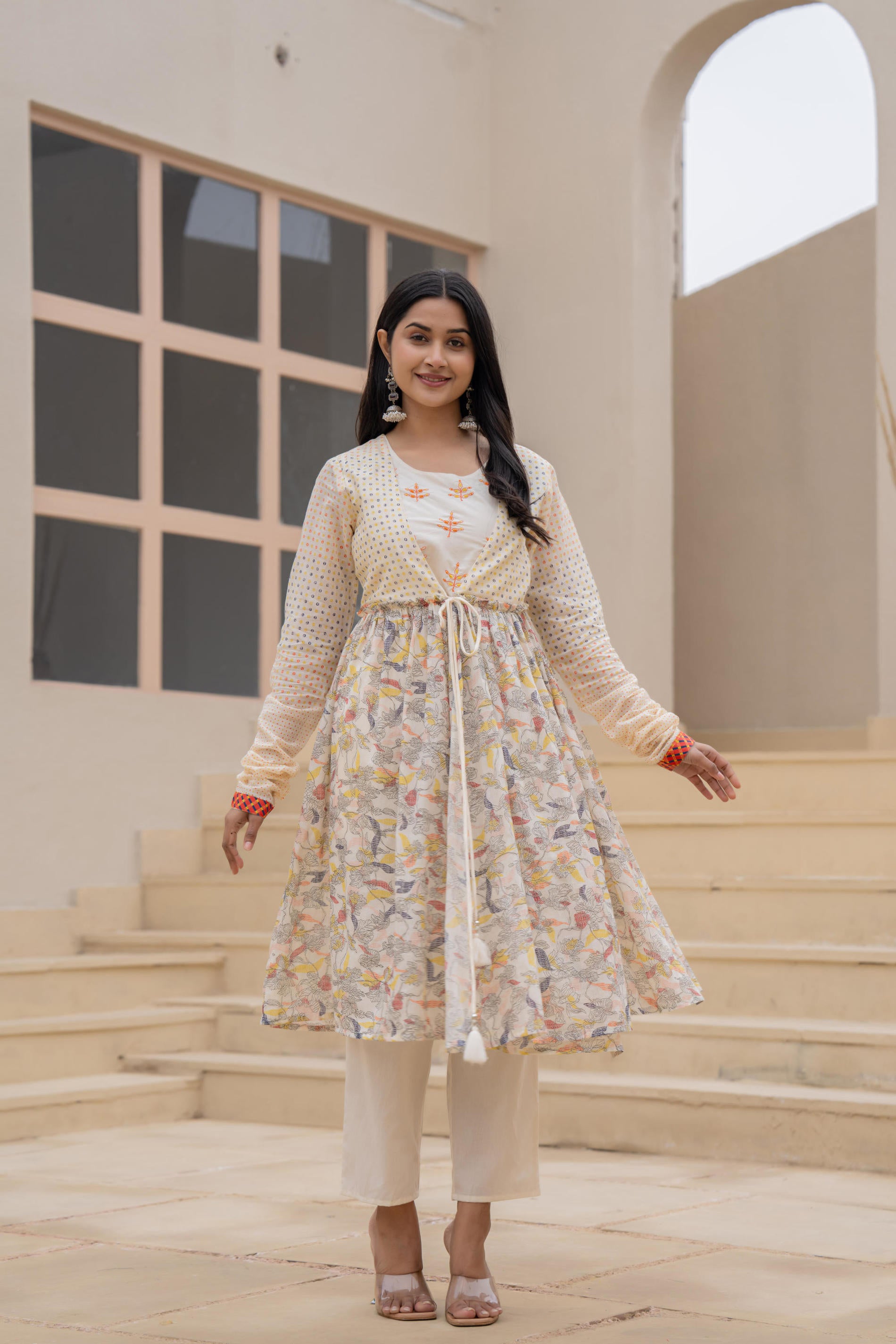 Ivory Embroidered & Printed Layered Dress Set with Dupatta