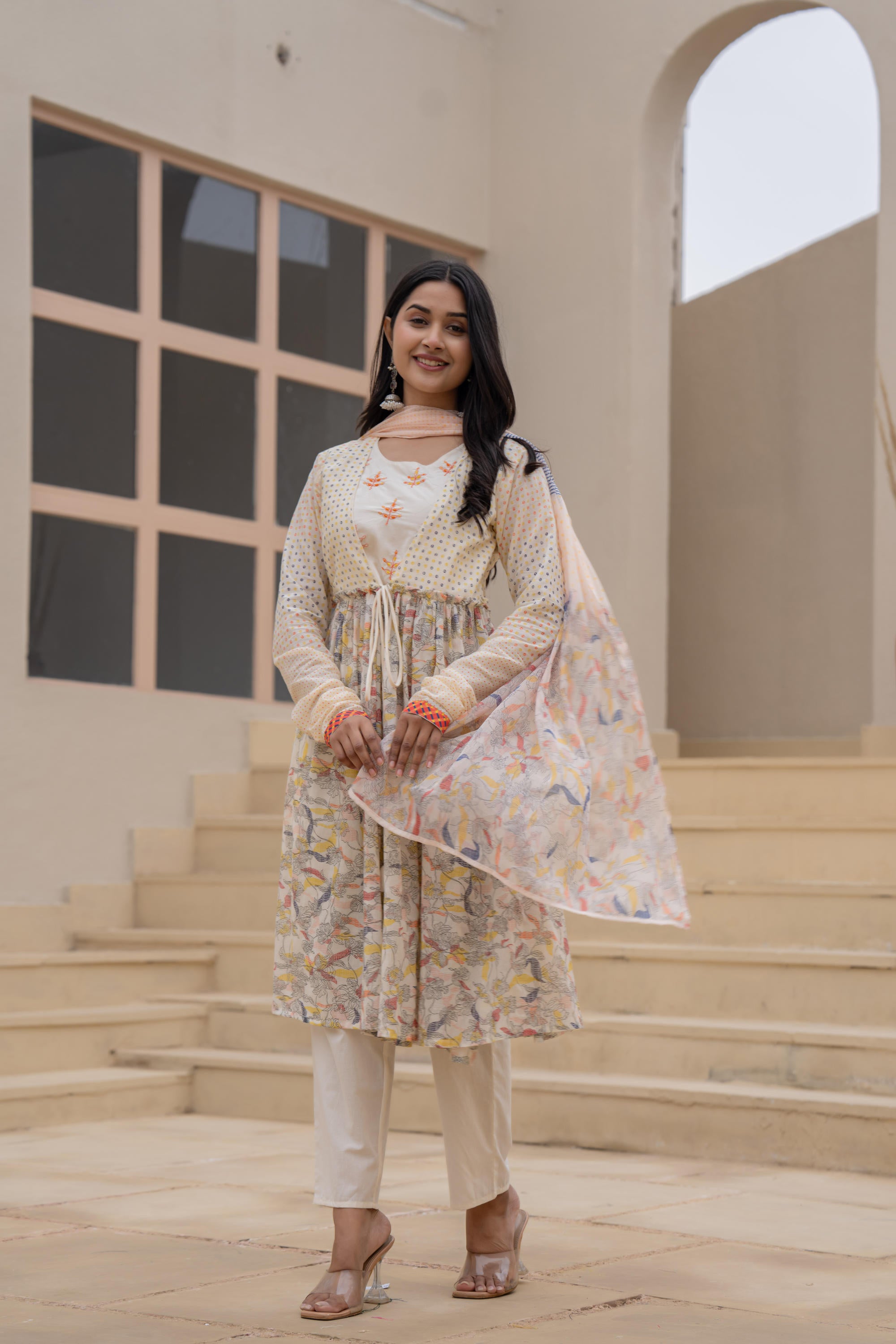 Ivory Embroidered & Printed Layered Dress Set with Dupatta
