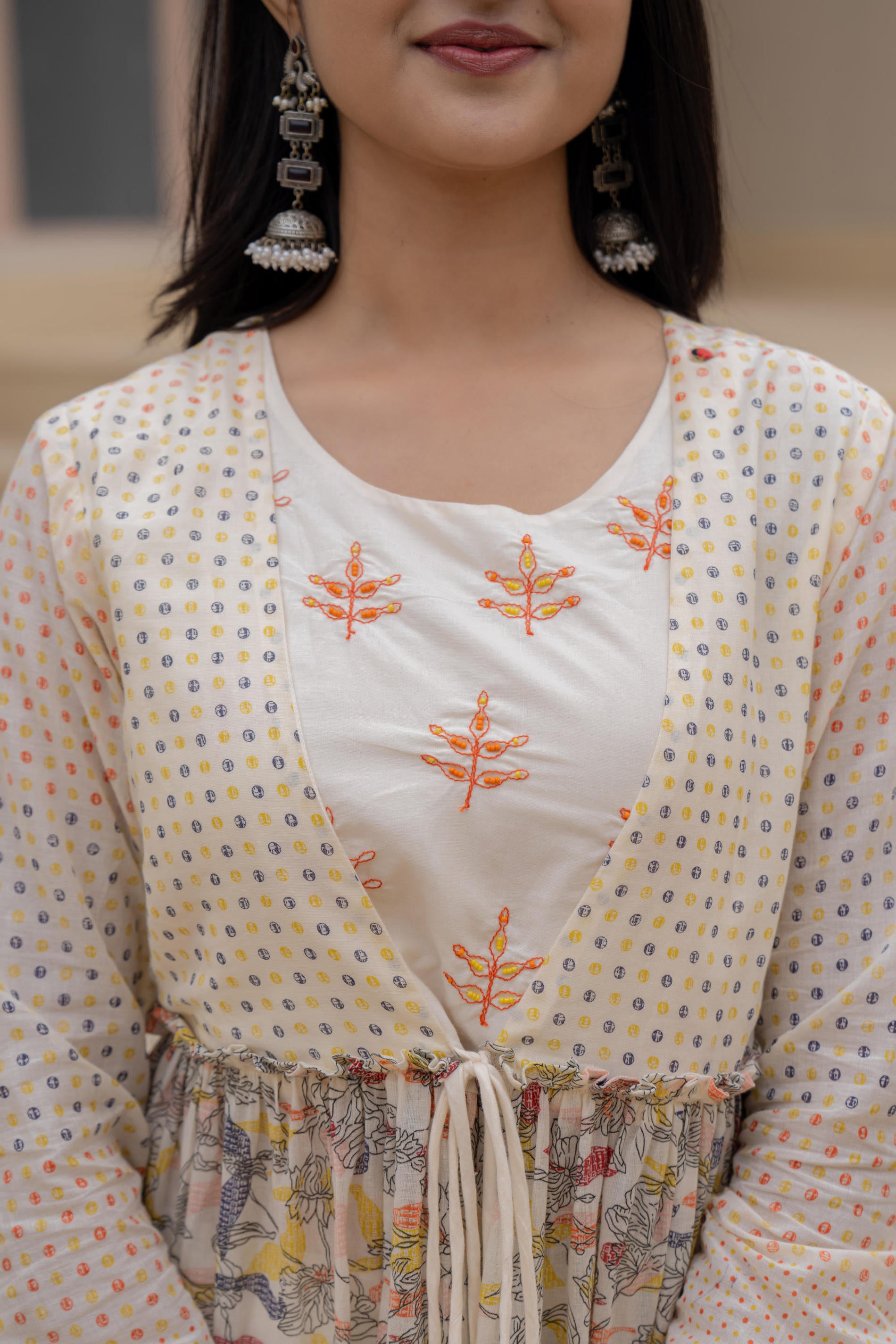 Ivory Embroidered & Printed Layered Dress Set with Dupatta