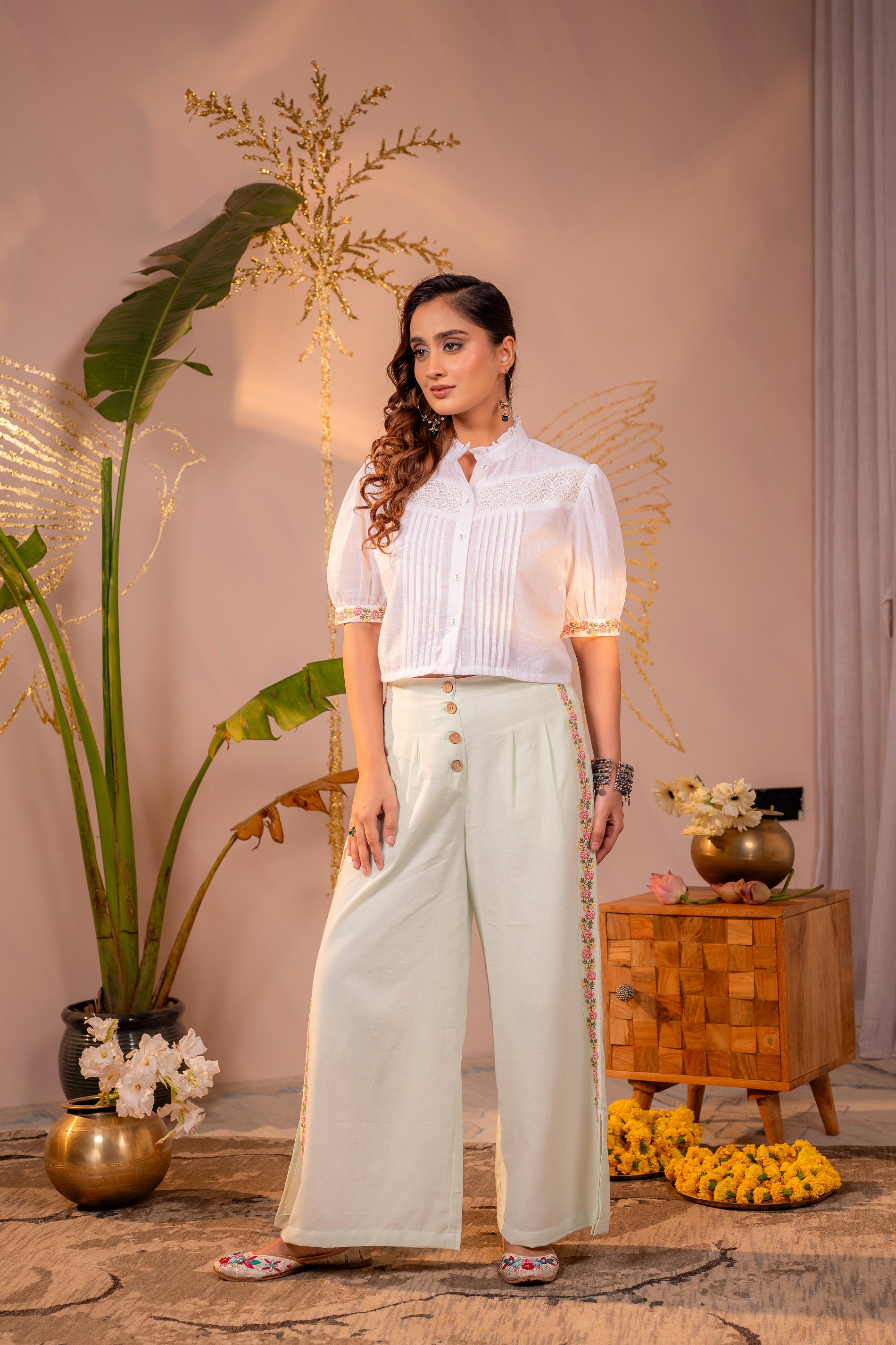 PistaGreen & White Bloom Pintuck Co-Ord Set