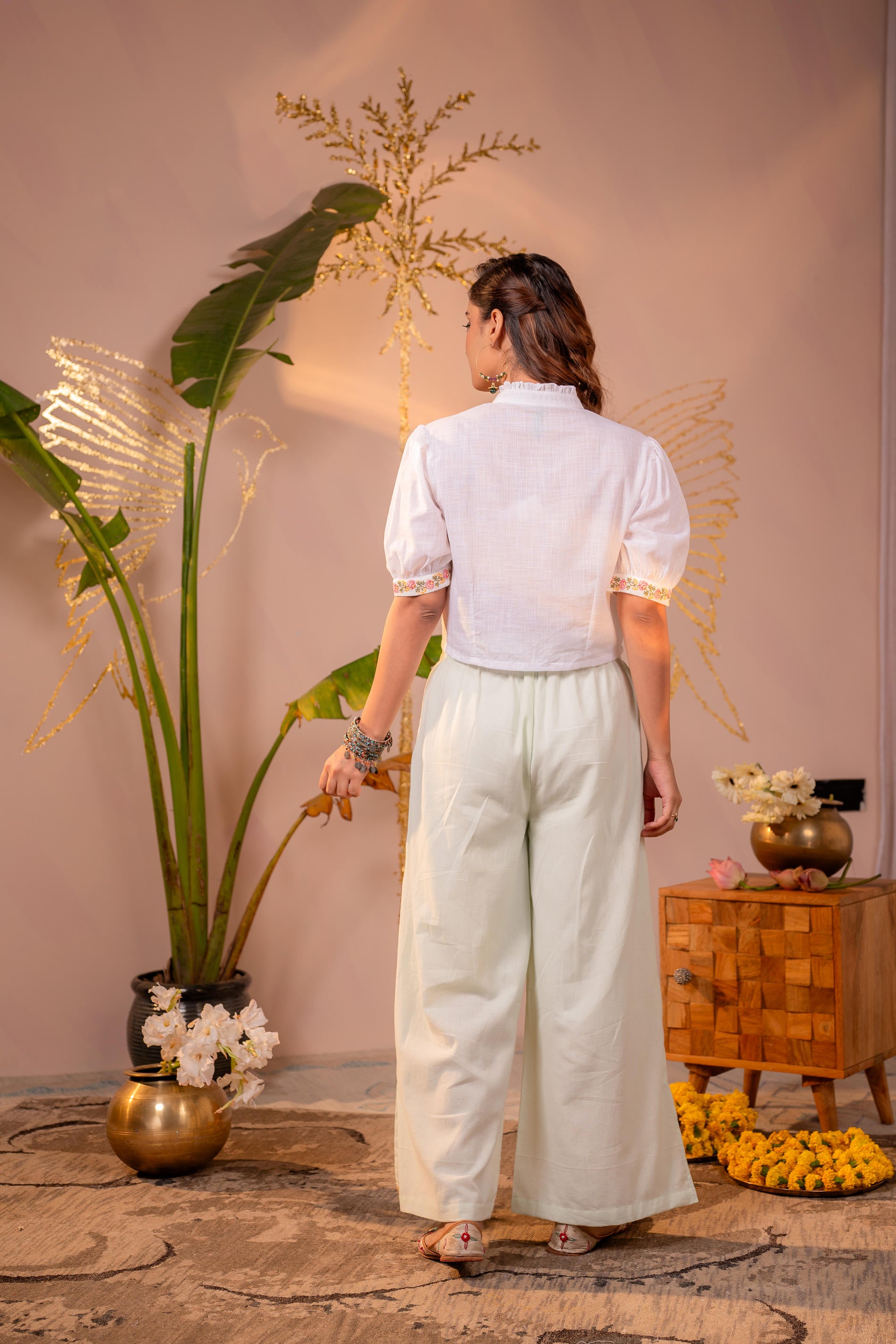 PistaGreen & White Bloom Pintuck Co-Ord Set