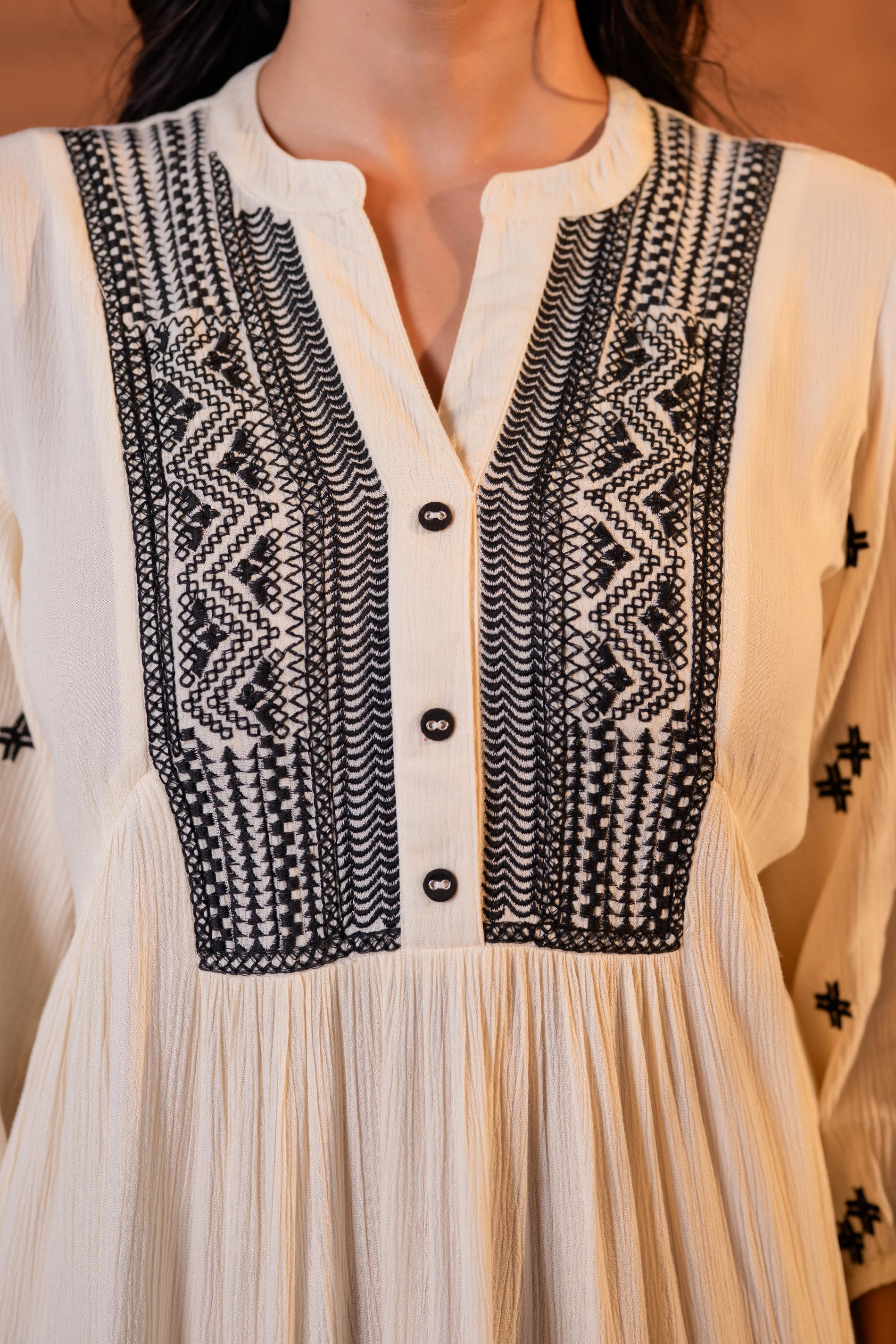 Beige Embroidered Viscose Tiered Short Dress