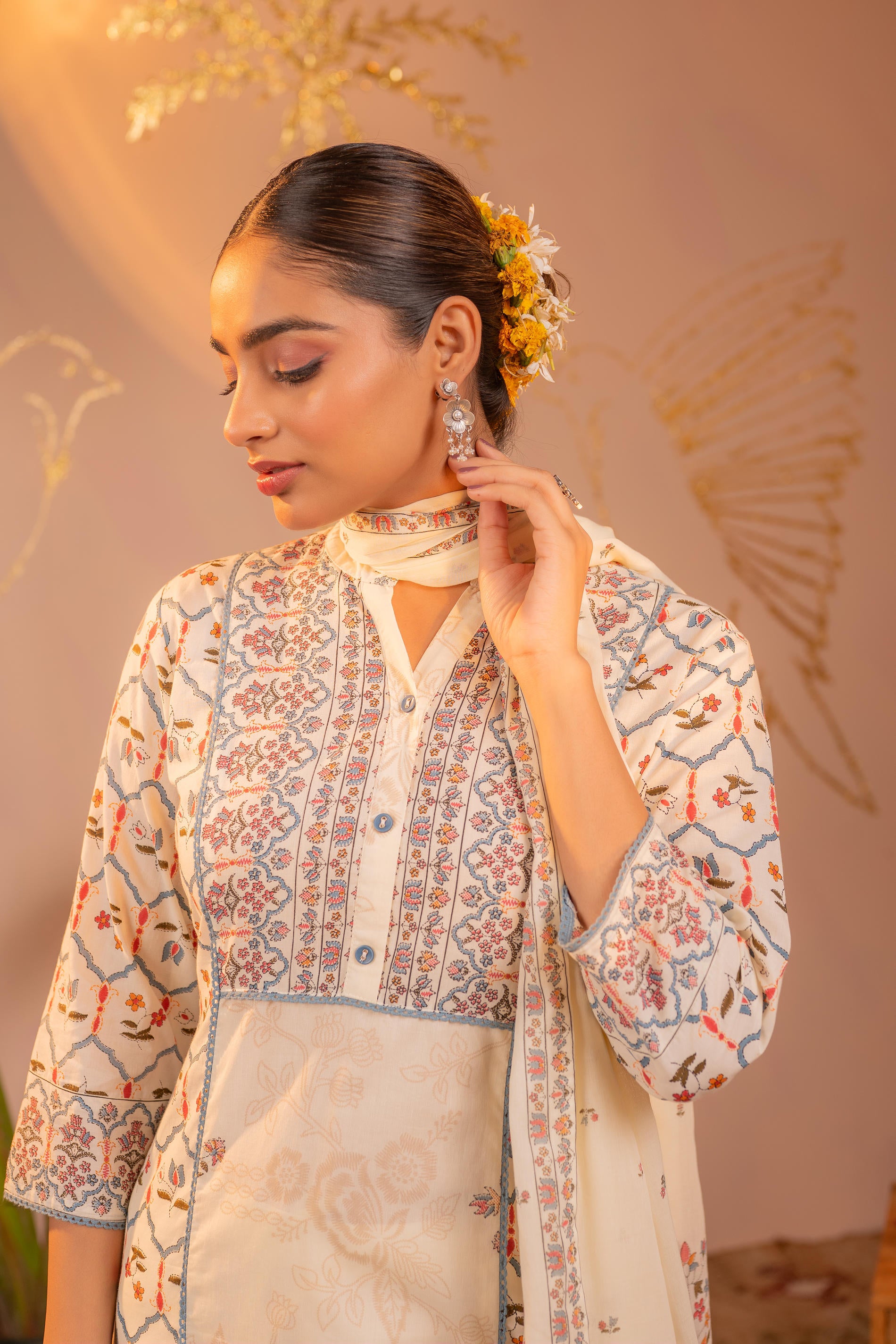 Off-White Ajrakh Printed Straight Kurta Set with Matching Dupatta