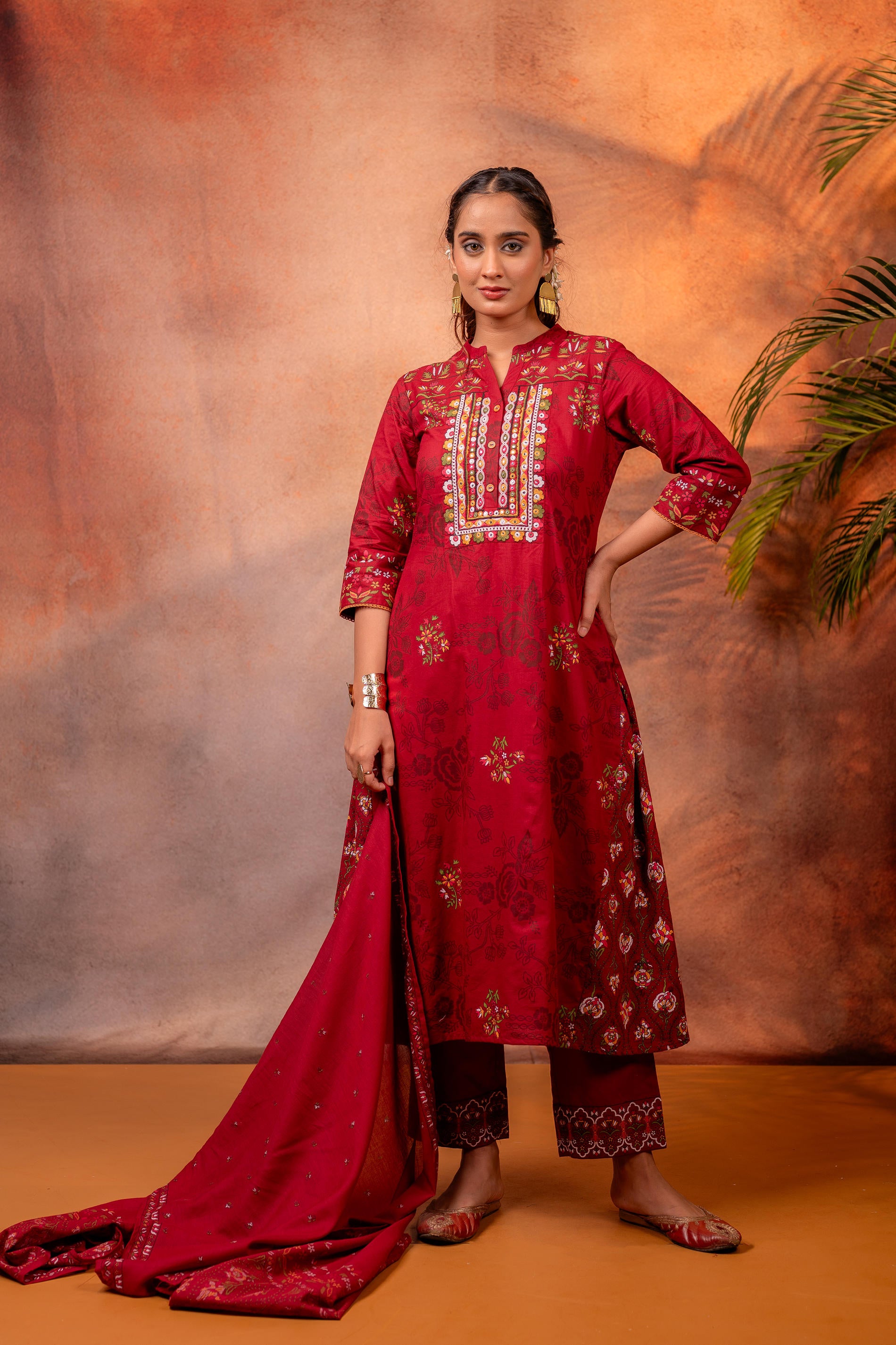 Maroon Embroidered Kurta Set with Dupatta