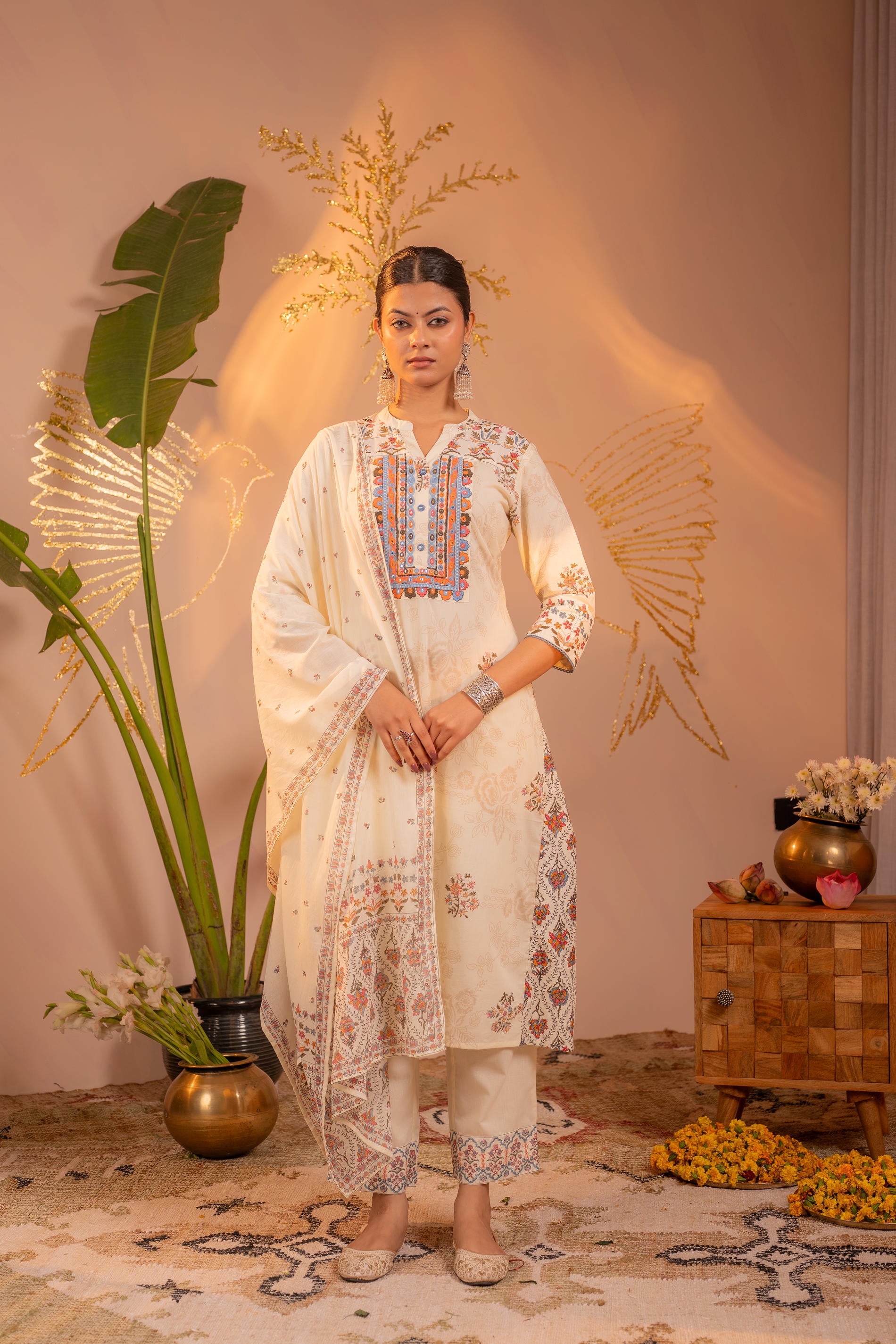 Off-White Embroidered Kurta Set with Dupatta