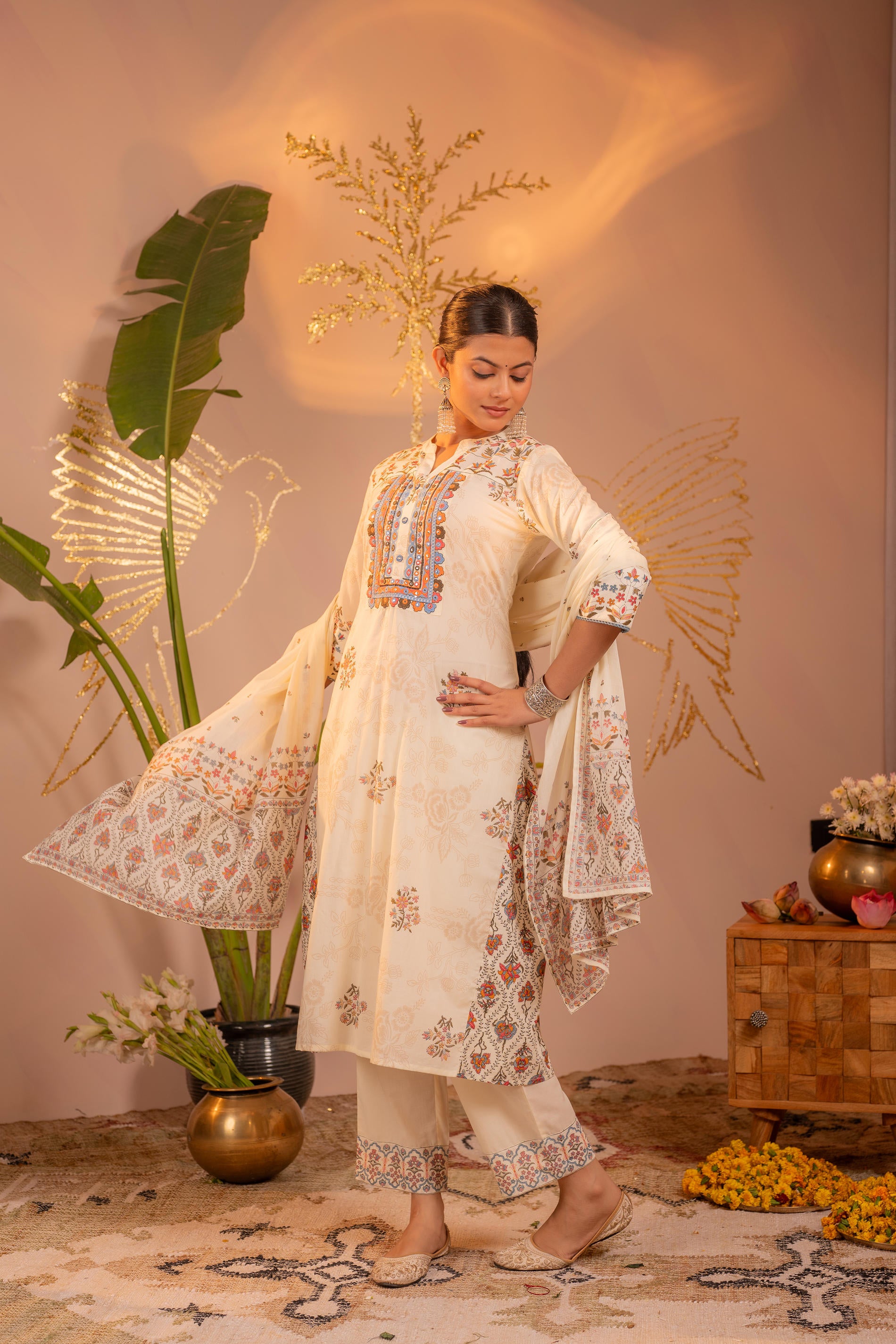 Off-White Embroidered Kurta Set with Dupatta