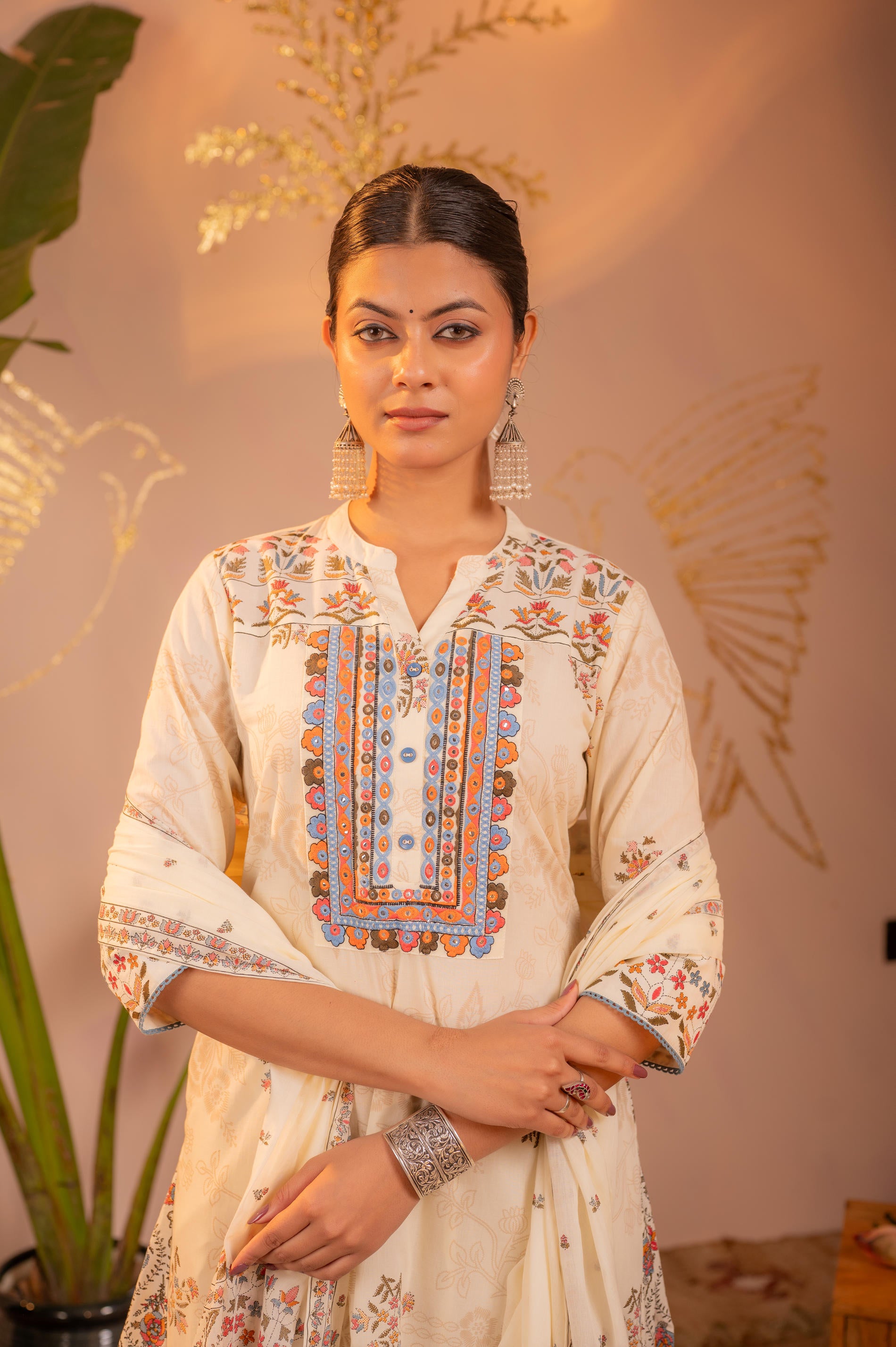 Off-White Embroidered Kurta Set with Dupatta
